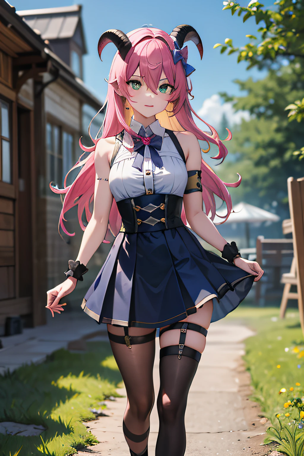 masterpiece, best quality, high resolution, aloe vera 1, 1 girl, outdoor, prairie, meadow, solo, blue hair, asymmetrical horn, demon horn, hair accessory, blonde hair, chest strap, thighs, long hair, asymmetrical pants, pink hair, sleeveless, bare shoulders, demon tail, thigh straps, wristcuffs, green eyes, black armband, blue skirt skirt, horn bow, sleeveless corner ornament, bangs, hair between eyes, bow in hand, arrow, walk, run