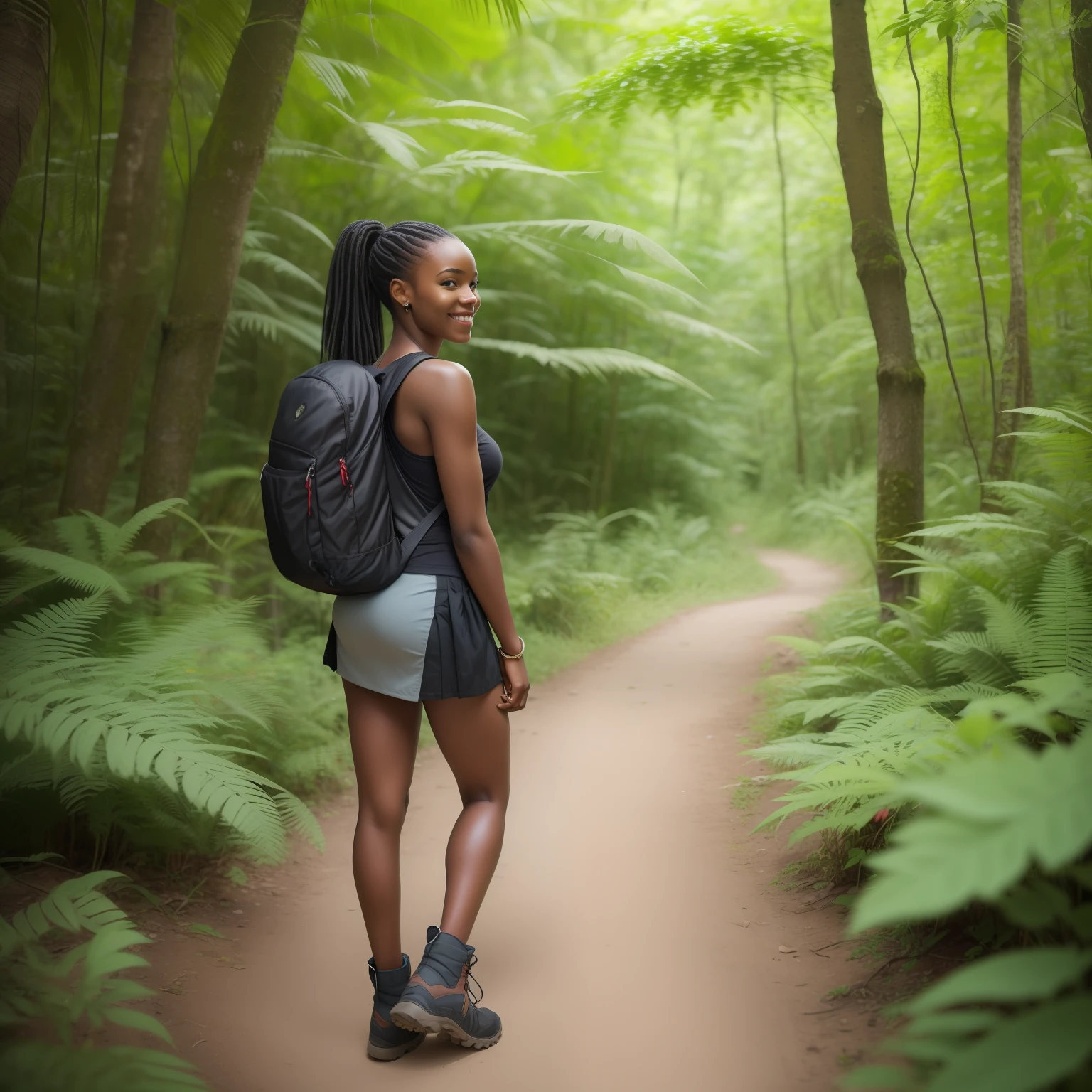 (photorealistic:1.ung Jamaican woman looking back over her shoulder and smiling while hiking in a dense forest, long ponytail, wearing a red tank top and black miniskirt and hiking boots, wearing backpack, lush vegetation, beautiful woman, stunning scenery