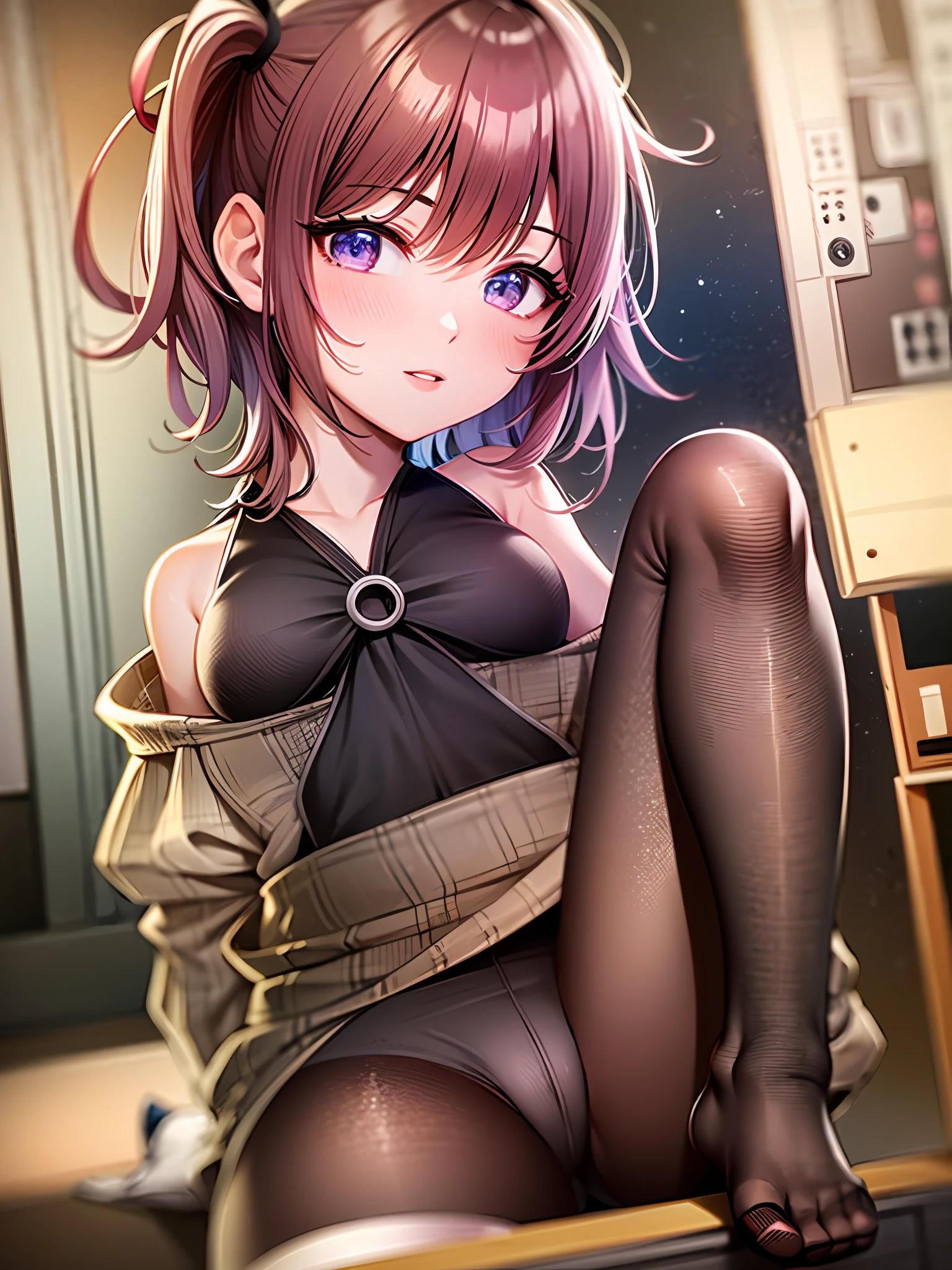 {{masterpiece}},illustration,best quality,extremely detailed CG unity 8k wallpaper,1girl_solo, full_body, from_below, looking_at_viewer, pantyhose:1.2, (no shoes:1.3),chair,twintail,red hair,braided bangs,Sexy and charming panties,revealing dress,window,(Close-up of the foot),hair_ribbon,strong rim light,cameltoe,