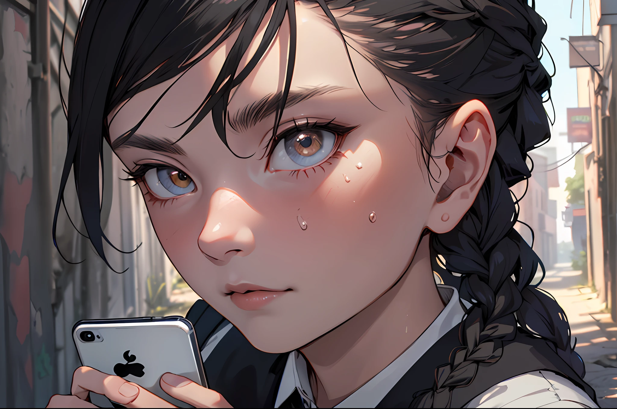 (Top Quality: 1.3), Masterpiece, (Sharp Focus: 1.5), Wednesday Addams, Black Hair, Dead Eyes, Pale Skin, Wear Hexagram Hair Ornament, 1 Girl, Solo, Embarrassing, Troubled Look, Top Quality, Super Detail, (Masterpiece), Epic, 1 Girl, Braid, Dynamic Pose, ager, Holding a Smartphone, Take a Photo of an Abandoned House in a Back Alley, sweating (highly detailed skin), (detailed face), detailed background, dark lighting, twilight lighting, volumetric lighting, complex detail, UHD,