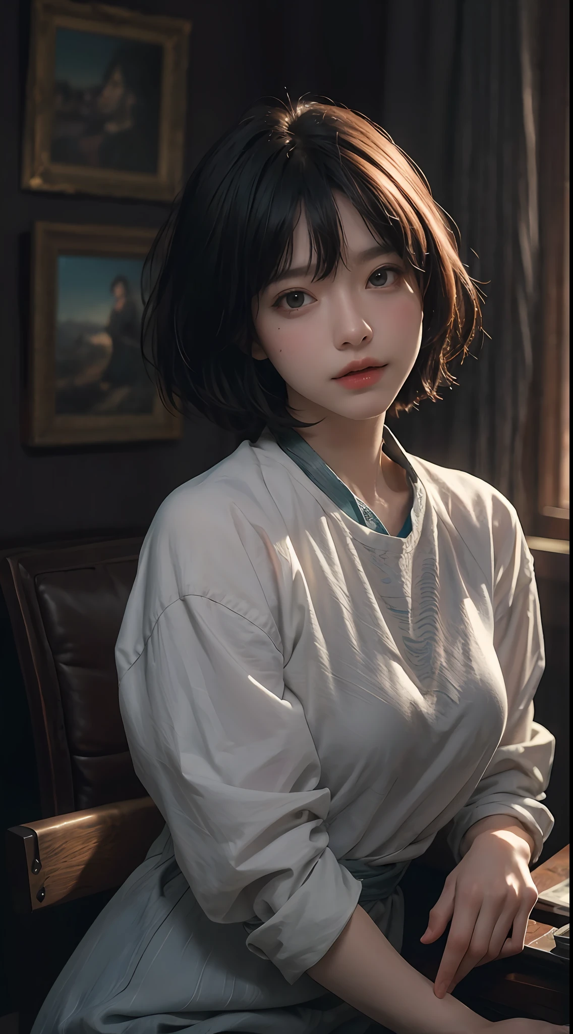 (RAW photo, highest quality), (realistic, photorealistic: 1.3), highest quality, high definition, masterpiece, super detail, illustration, 1girl, whole_body, dynamic angle, world masterpiece theater, messy_long_hair, top quality, highly detailed CG Unity 8k wallpaper, ink, amazing, cinematic lighting, lens_flare, dunhuang_ style, ((very short hair)), pretty breasts