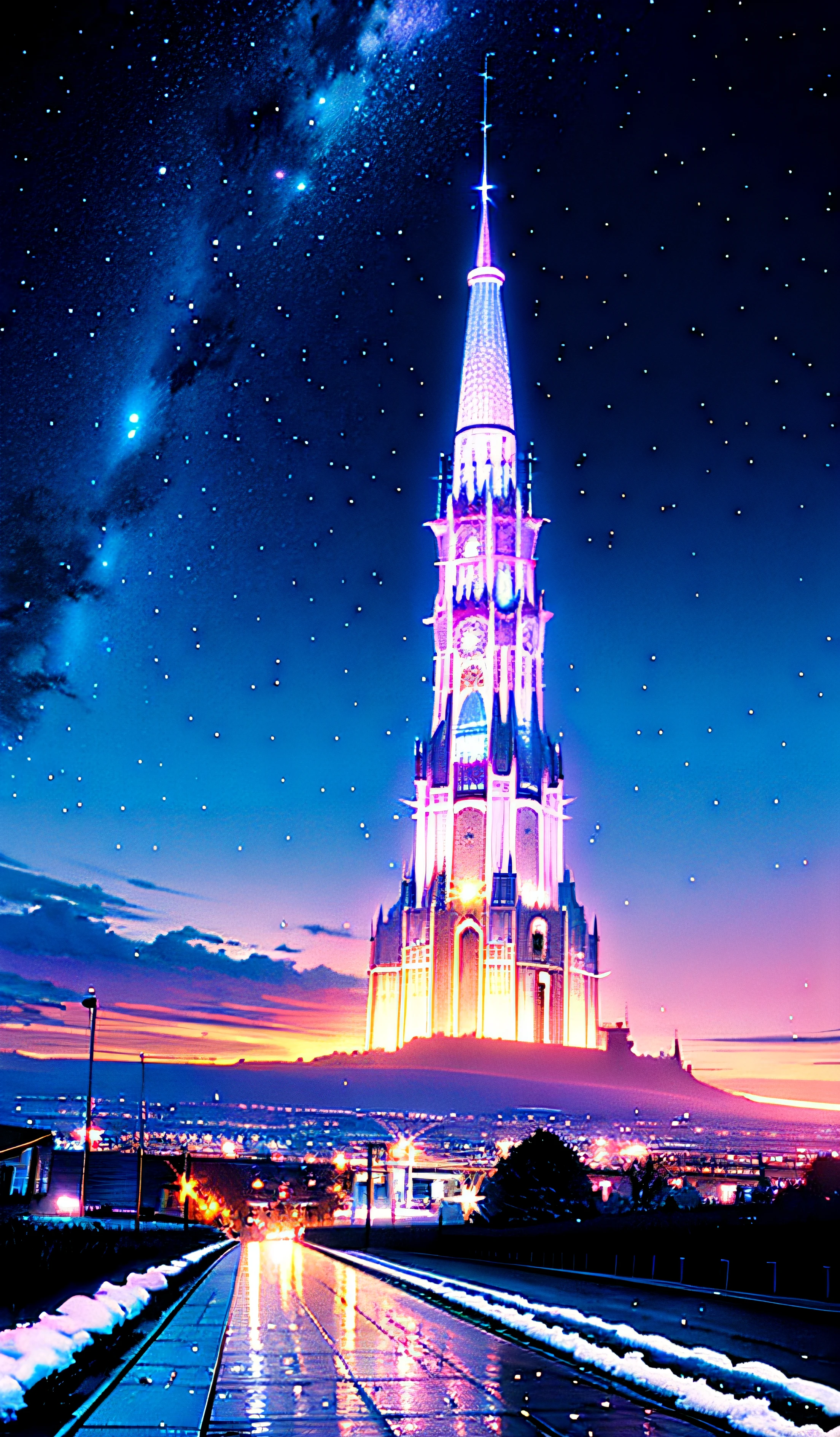 anime scenery of a city with a tower and a person walking on a snowy path, cosmic skies. by makoto shinkai, beautiful anime scene, makoto shinkai cyril rolando, anime background art, beautiful anime scenery, anime art wallpaper 4k, anime art wallpaper 4 k, 4k anime wallpaper, anime wallpaper 4 k, anime wallpaper 4k