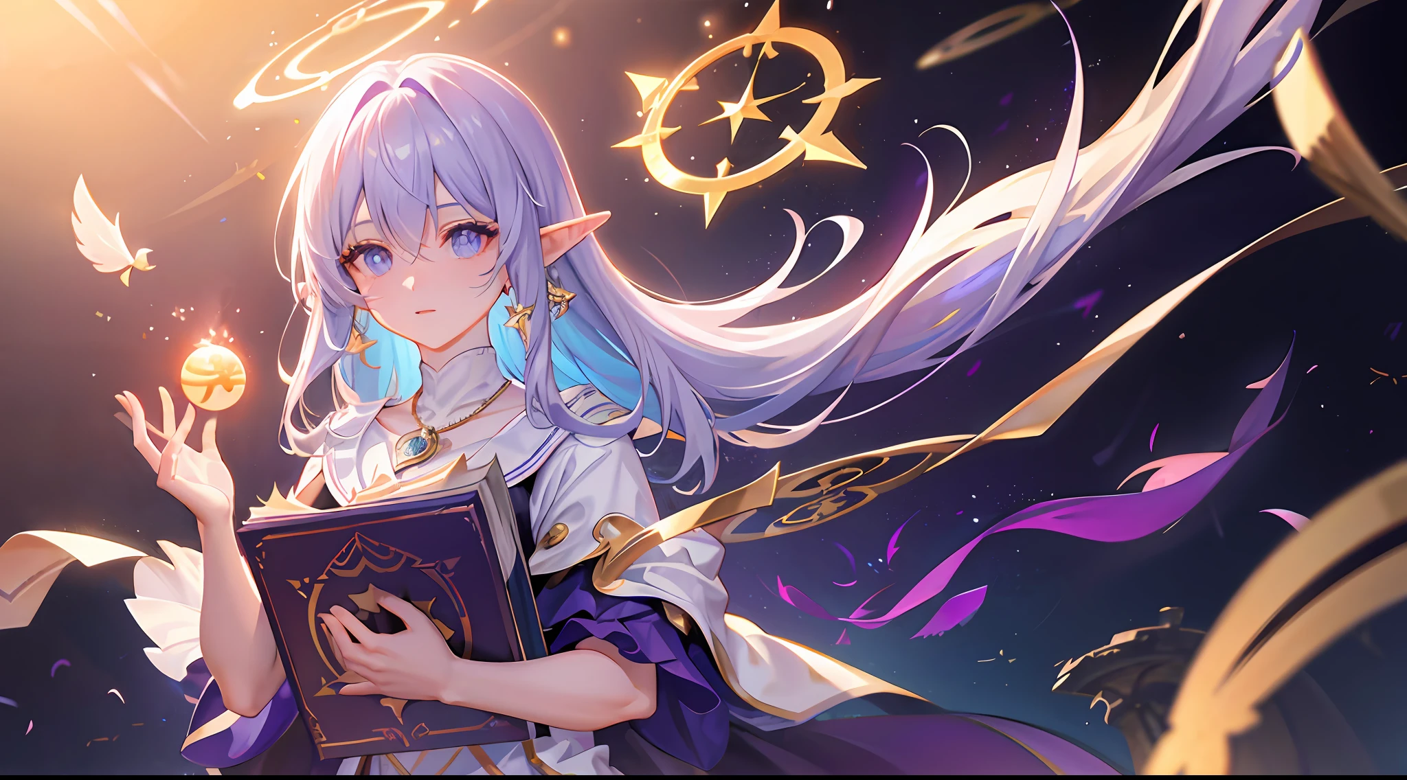 (Masterpiece, excellent picture quality, fine CG, beautiful eye details, ultra-detailed, complex details: 1.2), 8k wallpaper, exquisite facial features, (1girl, solo: 1.4), long hair, (flying hair: 1.2), (wind L: 1.3), (Elf, Halo: 1.3), Exquisite Eyes, Glowing Eyes, Earrings, Underwear, Anklets, Chest, Necklace, (Purple Flame: 1.5), Feathers, (Magic Book, Magic Ball: 1.5), (Flying Paper Air: 1.4), Magic Circle, Spell, Night, Darkness, (Prism, 1.4) Starry Sky Background, (Colorful Splash: 1.5), Splash Art, Real Lighting, (Cool Magic Effect: 1.2), (High Saturation degrees), High Contrast: 1.4), Extreme Color, (surrounded by glowing white particles: 1.6)