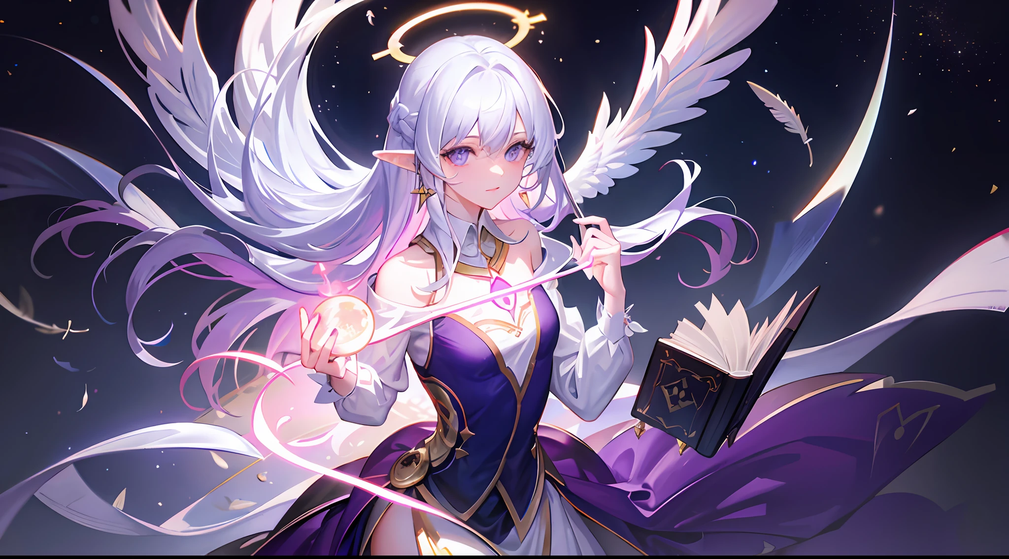 (Masterpiece, excellent picture quality, fine CG, beautiful eye details, ultra-detailed, complex details: 1.2), 8k wallpaper, exquisite facial features, (1girl, solo: 1.4), long hair, (flying hair: 1.2), (wind L: 1.3), (Elf, Halo: 1.3), Exquisite Eyes, Glowing Eyes, Earrings, Underwear, Anklets, Chest, Necklace, (Purple Flame: 1.5), Feathers, (Magic Book, Magic Ball: 1.5), (Flying Paper Air: 1.4), Magic Circle, Spell, Night, Darkness, (Prism, 1.4) Starry Sky Background, (Colorful Splash: 1.5), Splash Art, Real Lighting, (Cool Magic Effect: 1.2), (High Saturation degrees), High Contrast: 1.4), Extreme Color, (surrounded by glowing white particles: 1.6)