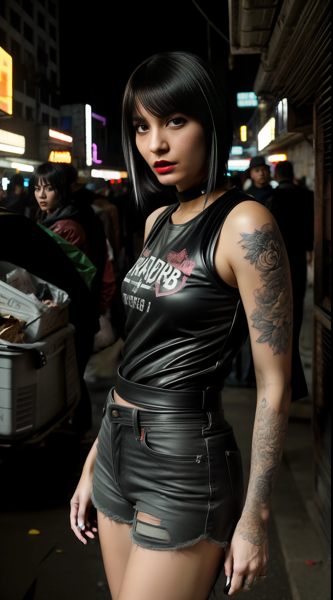 Close-up, a beautiful stylish fashion russian black-haired girl, tattered outfit, short chelsea side cut hair, punk outfit, pink outfit, lipstick, action movie scene,cinematic blade runner dystopian scene, night, bustling with neon signs, blade runner aesthetics, crowded with people,movie cinematography,trash gang, attractive person,high emphasis on detail,wearing weather tech gear,trash gang, tattoos,night life,full of life ,trash gang , action movie shot by Kon Satoshi, style Semi Impasto, matte painting, atmospheric, glowing, dramatic lighting, beautiful eyes, symmetric eyed, perfect eyes