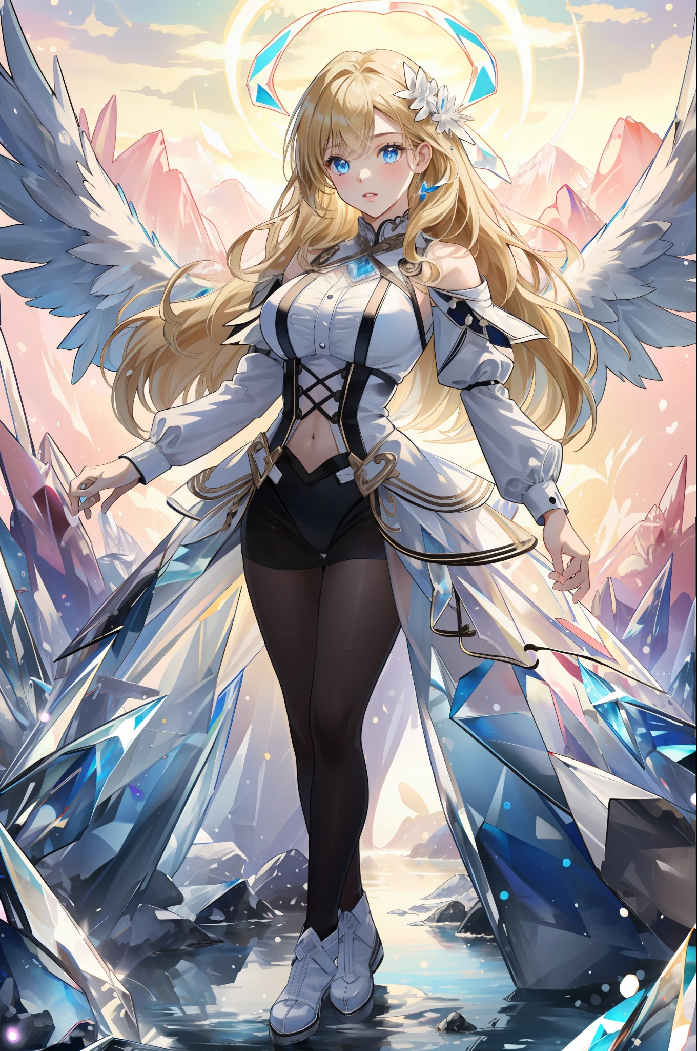 ((Best Quality)), ((Masterpiece)), (detailed), Solo, Angel, Spring, Full Body, Colorful, Extremely Detailed CG Unity 8k wallpaper, intricate details, kaleidoscopic image, symmetrical pattern, bright colors, geometric shape, captivating design, optical illusion, dynamic composition, (1girl), god, blonde hair, long hair, (glowing blue eyes), big breasts, abs, mysterious, (magic), crystal, red black tights