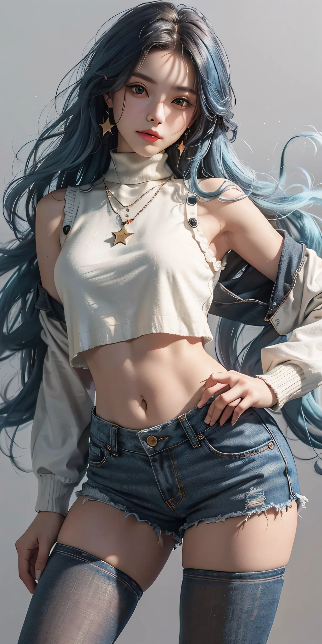 masterpiece, best quality, portrait 1girl1girl, solo exhibition, jewelry, stars (symbols), earrings, crop top (buttontop), necklace, shorts, long hair, midriff, denim lens, pantyhose, split sleeves, light blue hair, star print, shirt, slender legs, bare shoulders, star earrings, turtleneck sweater, wavy hair, sleeveless, curly hair, shorts, white shirt, simple background,