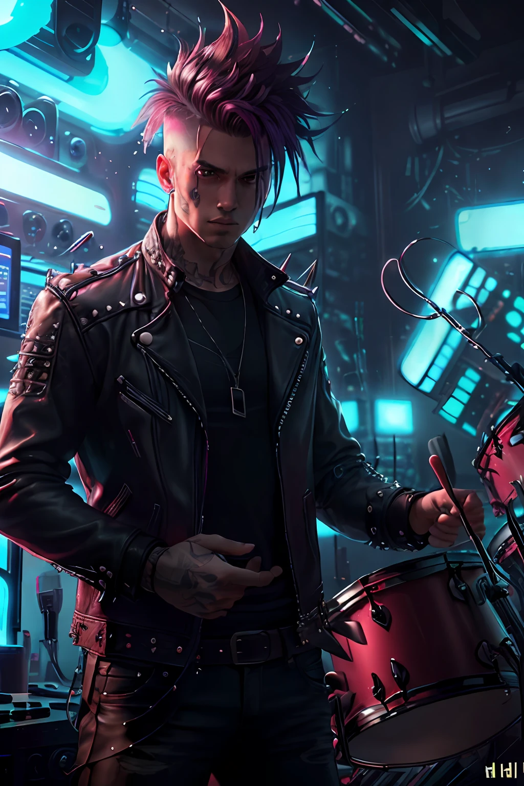 A punk with spiky hair and a leather jacket, playing drums, Level4 style, hyper realistic, HD, neon