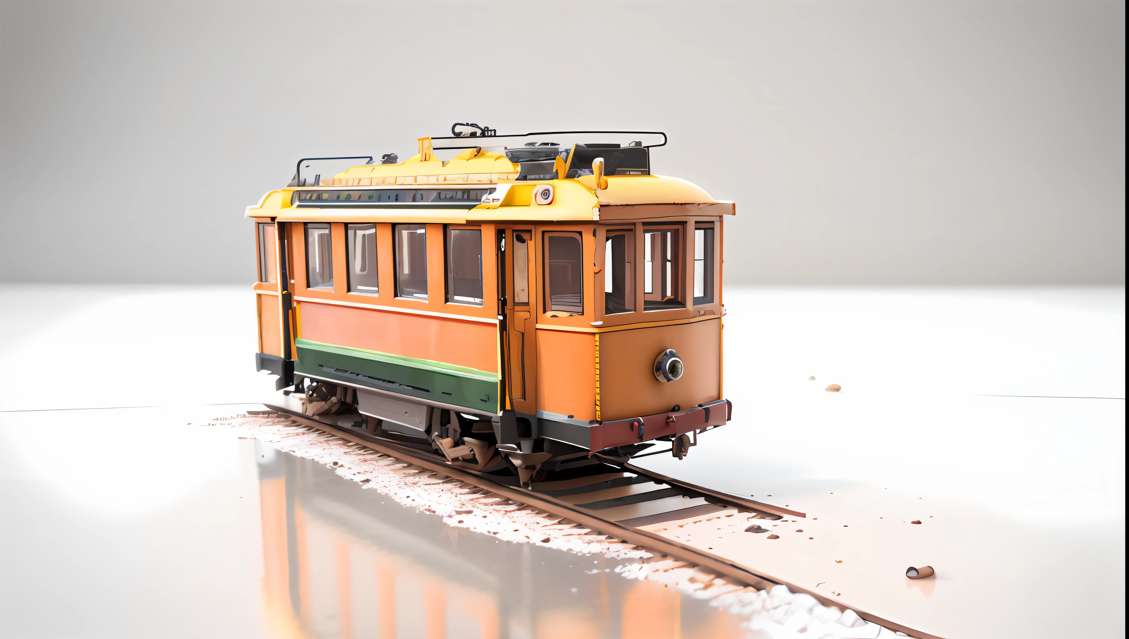 Master work, super fine, realistic details, figurines, miniatures, trams scrapped in the last days, rust on the body, peeling and lacquering, oil stains and other traces of erosion, weeds around the perimeter, ray tracing, water on both sides of the track, 3D art, c4d, OC renderer, 3D rendering, 8k