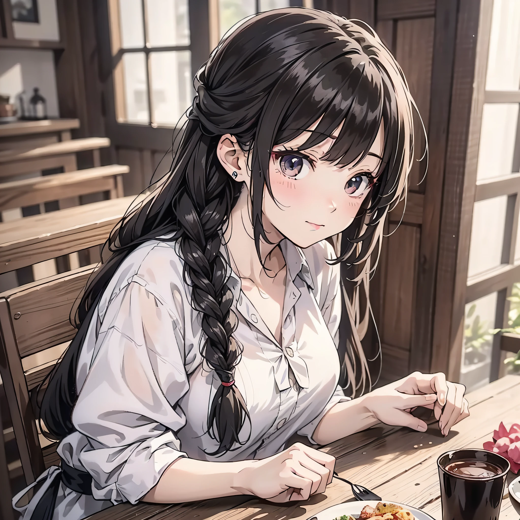 A woman in a white shirt with long black braided hair sits at a table in a village house (twist braid 1.5) (blush shy 1.5) (shy expression 1.5) (blush 1.2) (upper body display 1.5) (background is village house 1.5) (girl 1.8) (cinematic light 1.5) (master masterpiece: 1.4), hyperdetail, anime style 4 K, anime rendering, anime style. 8k，