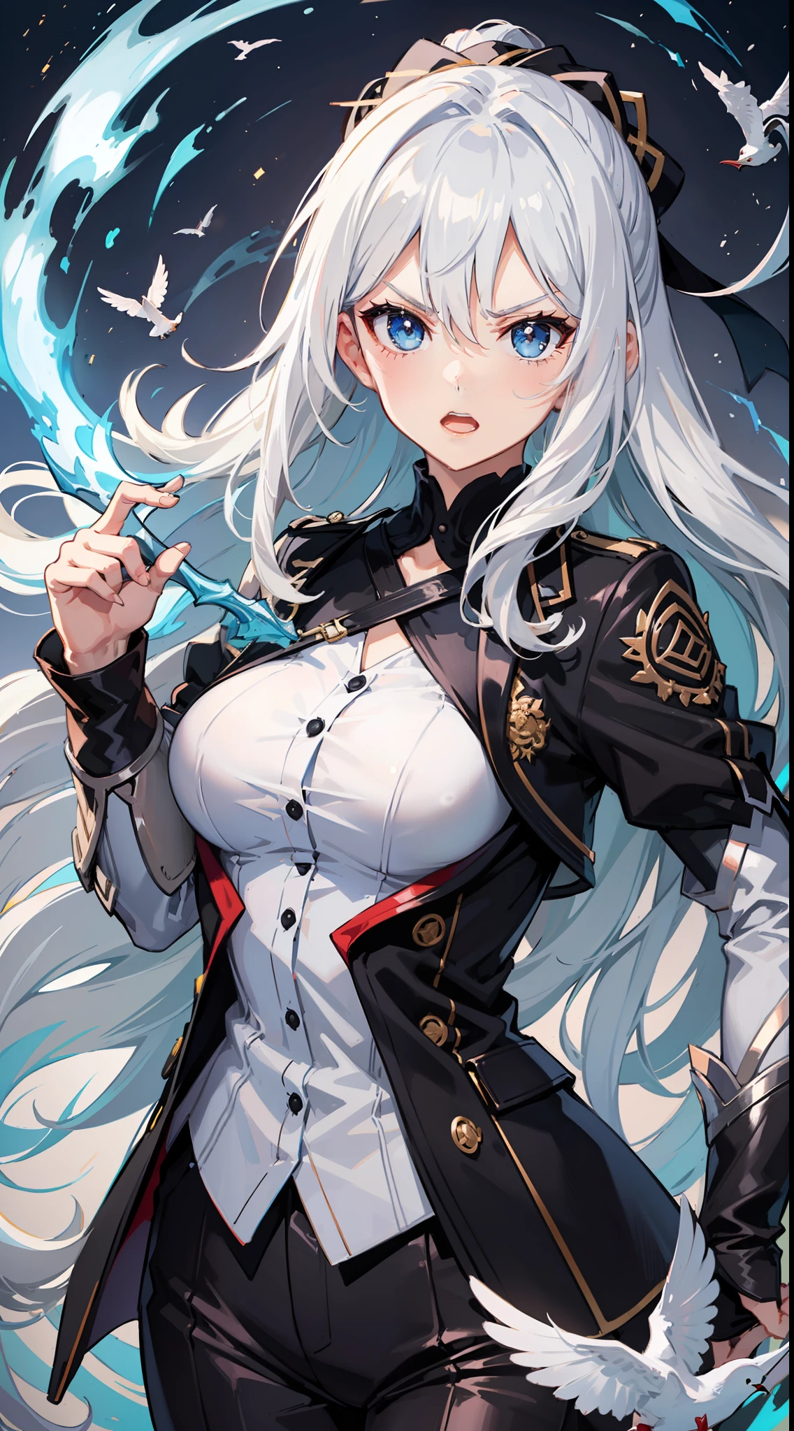 Adult girl, long white hair, high ponytail, blue eyes, angry, dove general's clothes, black trousers, spear, masterpiece, high quality