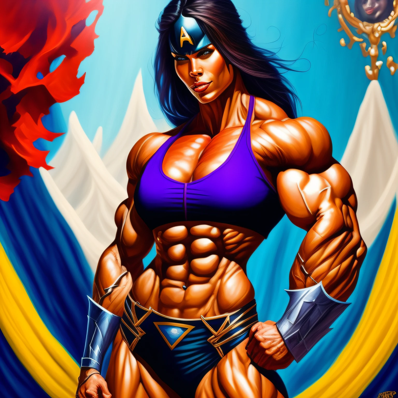 A woman with a muscular body standing in front of a painting, bodybuilder superhero bikini, muscular warrior women, muscular female druid, goddess. High detail, colorful epic illustration, muscular! Fantasia, face of Viviane brigido farias --auto