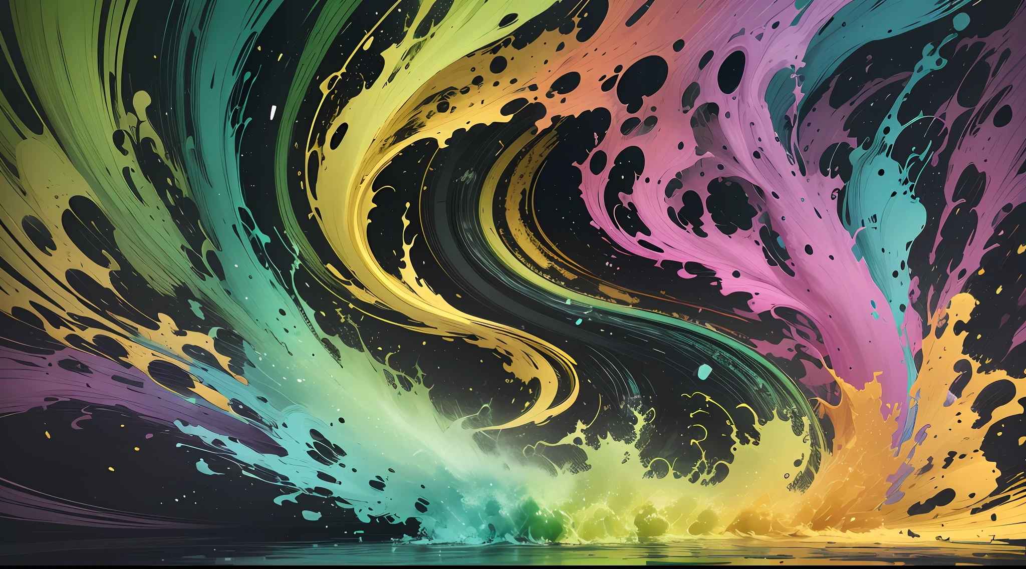 A whirlwind of bright green acid. The acid is bubbling and churning, creating a sense of movement and energy. The colors are vibrant and saturated, and the light is diffused, creating a sense of atmosphere. The background is set against a black background, which helps make the acid colors burst.green and predominant color