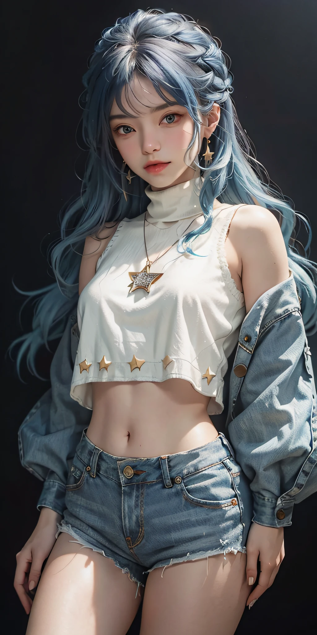 masterpiece, best quality, portrait 1girl1girl, solo exhibition, jewelry, stars (symbols), earrings, crop top (buttontop), necklace, shorts, long hair, midriff, denim lens, pantyhose, split sleeves, light blue hair, star print, shirt, slender legs, bare shoulders, star earrings, turtleneck sweater, wavy hair, sleeveless, curly hair, shorts, white shirt, simple background,