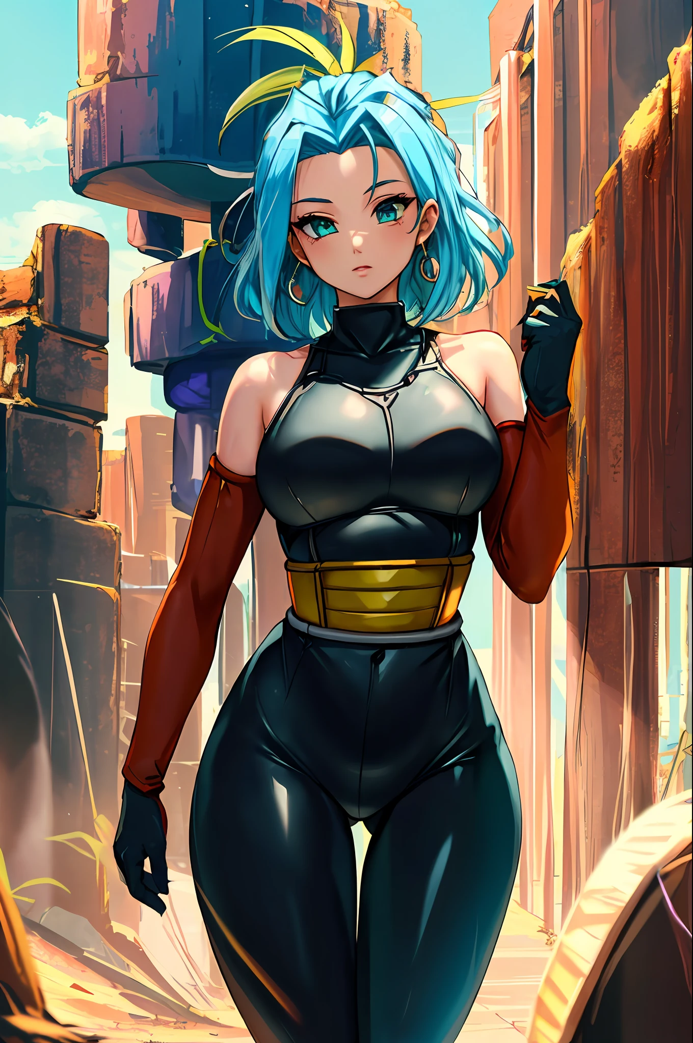 (B4TTL3:1.2), topless, black leggings, light blue hair, BTPT-FC, cracked body, (elbow gloves),pretty girl, post-apocalypse background with vegetation, light green