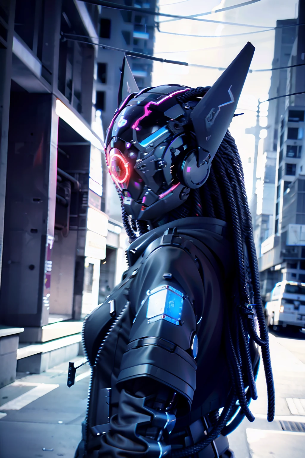 masterpiece woman, best quality, upper body, a close-up of a fantastic-looking cyborg in a fantastic cybernetic helmet with dreadlocks, with black techwear jacket, HDR, ray tracing, rich details of lights and shadows, on the street,