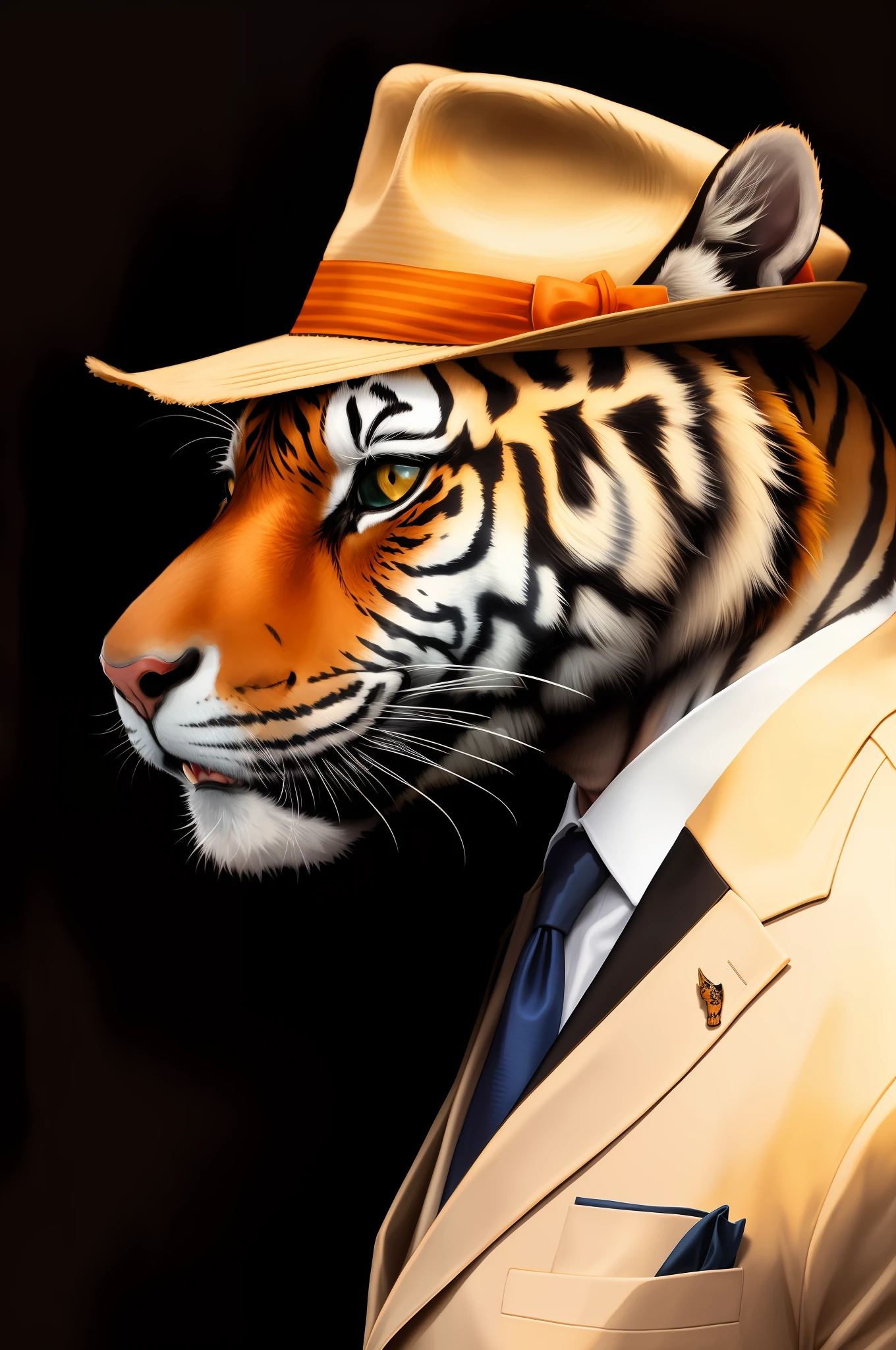a tiger with hair,short with Panama hat,suit and tie in profile on a dark background,
