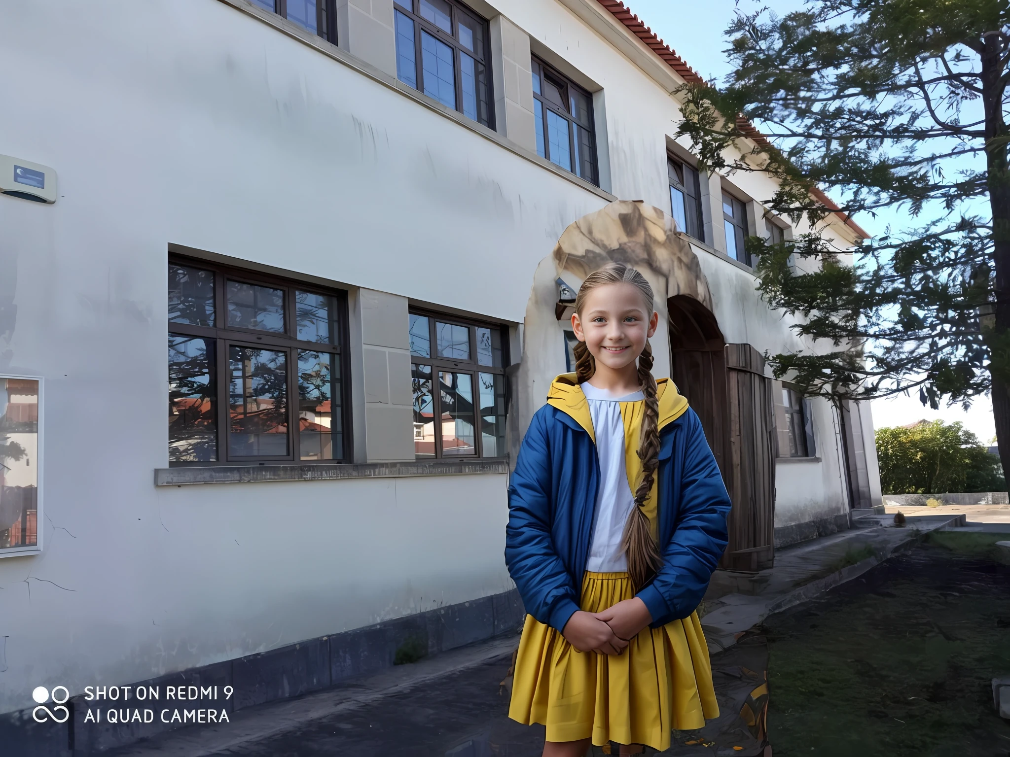 girl , is waiting for them to take a picture, this all vain with her two braids, blue coat, yellow skirt