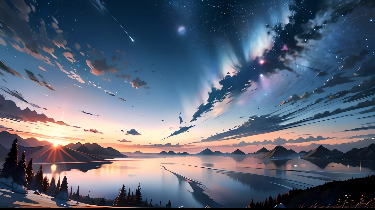 futuristic train crossing a lake, starry sky, milky way in the sky, very large moon in the sky, intense meteor shower, reflection of the sky in the water of the lake, 4k, futuristic,
