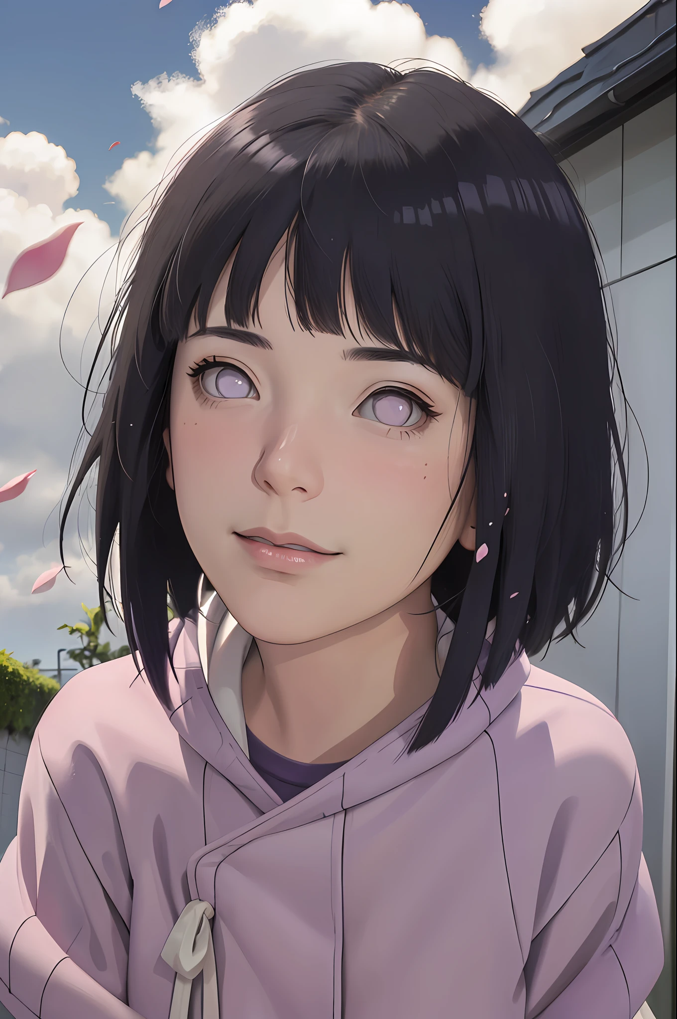 masterpiece, absurdres, hinata\(boruto\), 1girl, solo,mature female, purple hoodie,layered sleeves, brown pants,  outdoors,lavender flower field, looking at viewer, (falling petals), cloudy sky, perfect composition, detailed lips, big breast, beautiful face, body propotion, blush, (pink lips), long hair,  purple eyes,  soft gaze, sad smile,  super realistic, detailed, photoshoot, realistic face and body,  realistic hair, realistic eyes, realistic nose, realistic lips