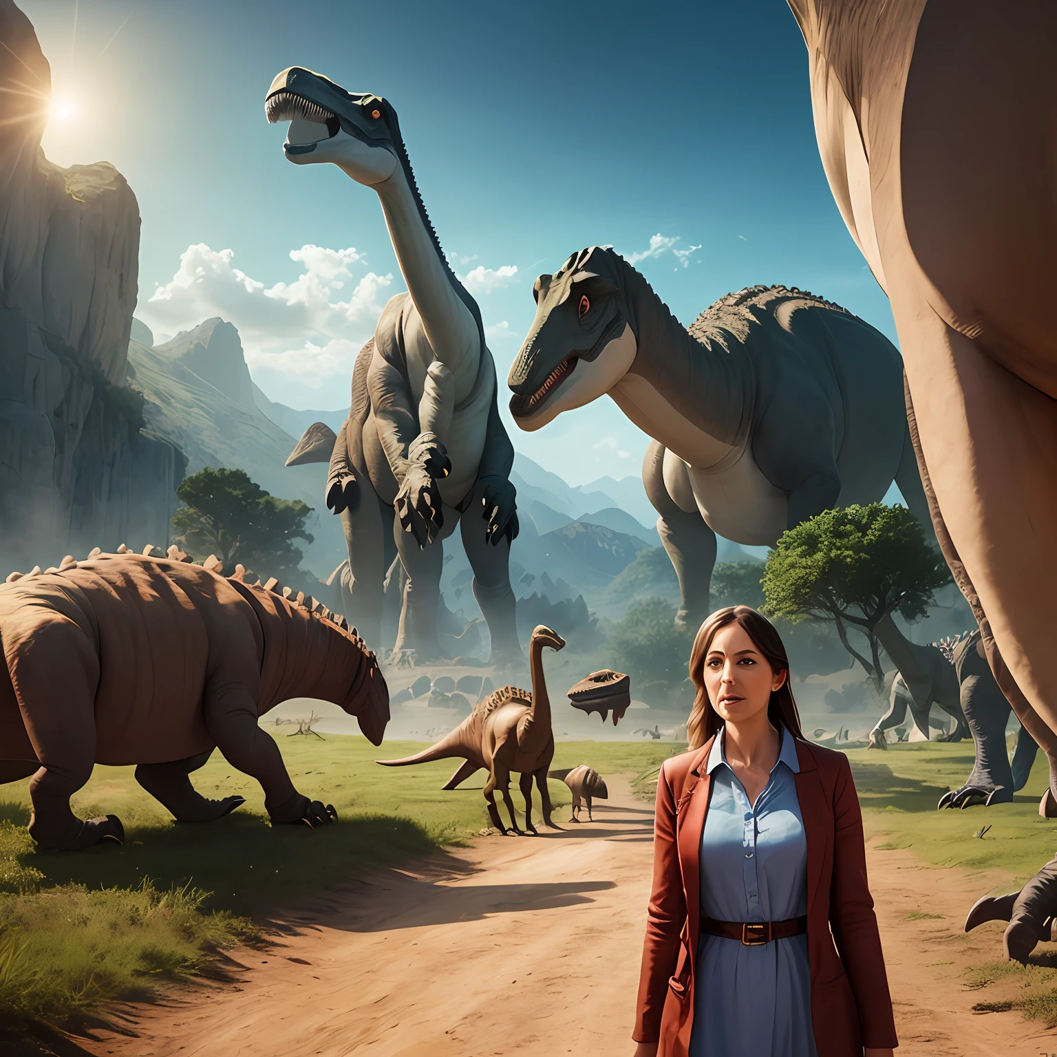 Dr. Emily emerges from the vortex of time and is greeted by a breathtaking landscape filled with towering dinosaurs. She is amazed, surrounded by the majesty and power of these ancient creatures.