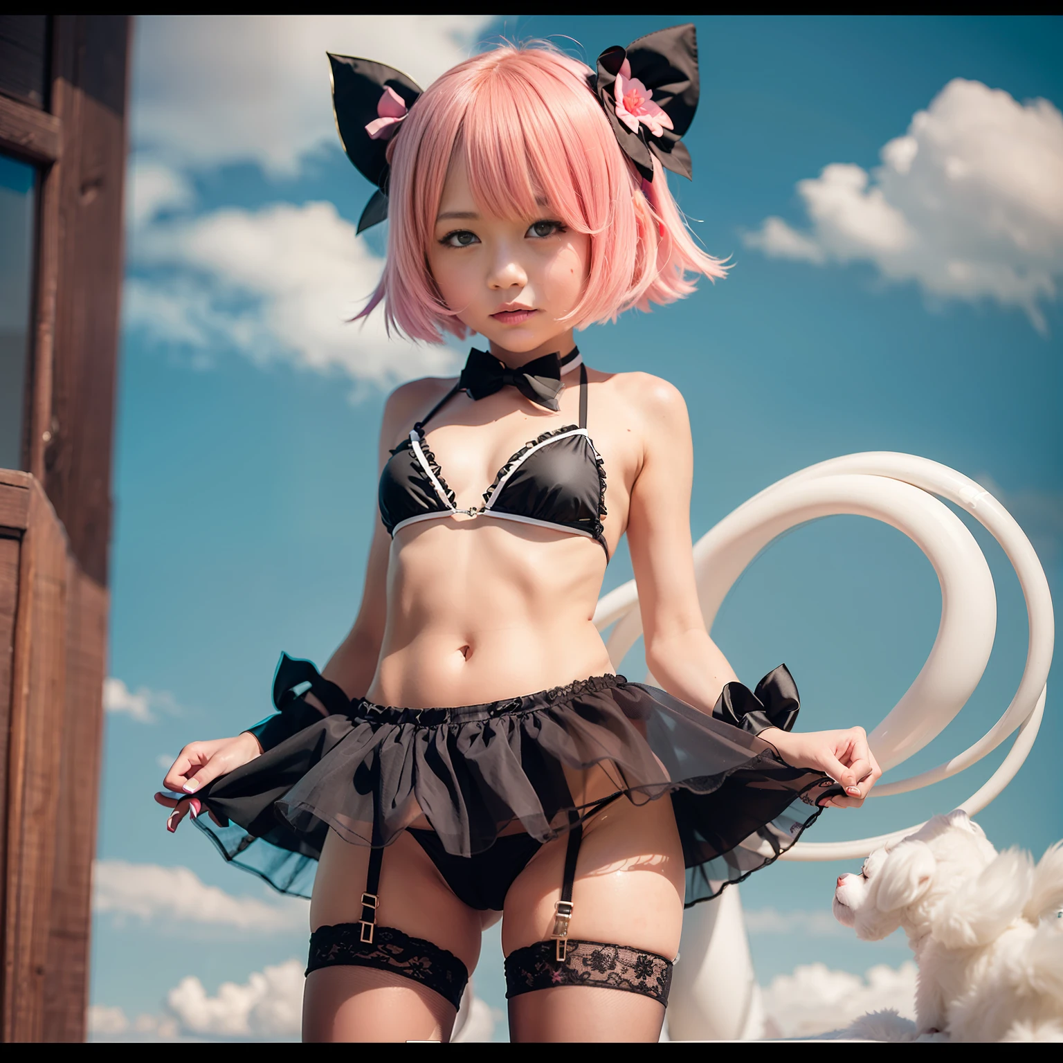 Two sycophant bikini Amy wearing stockings host show girls, pink two-tailed hair and cyan eyes, anime little girls in servant costumes
