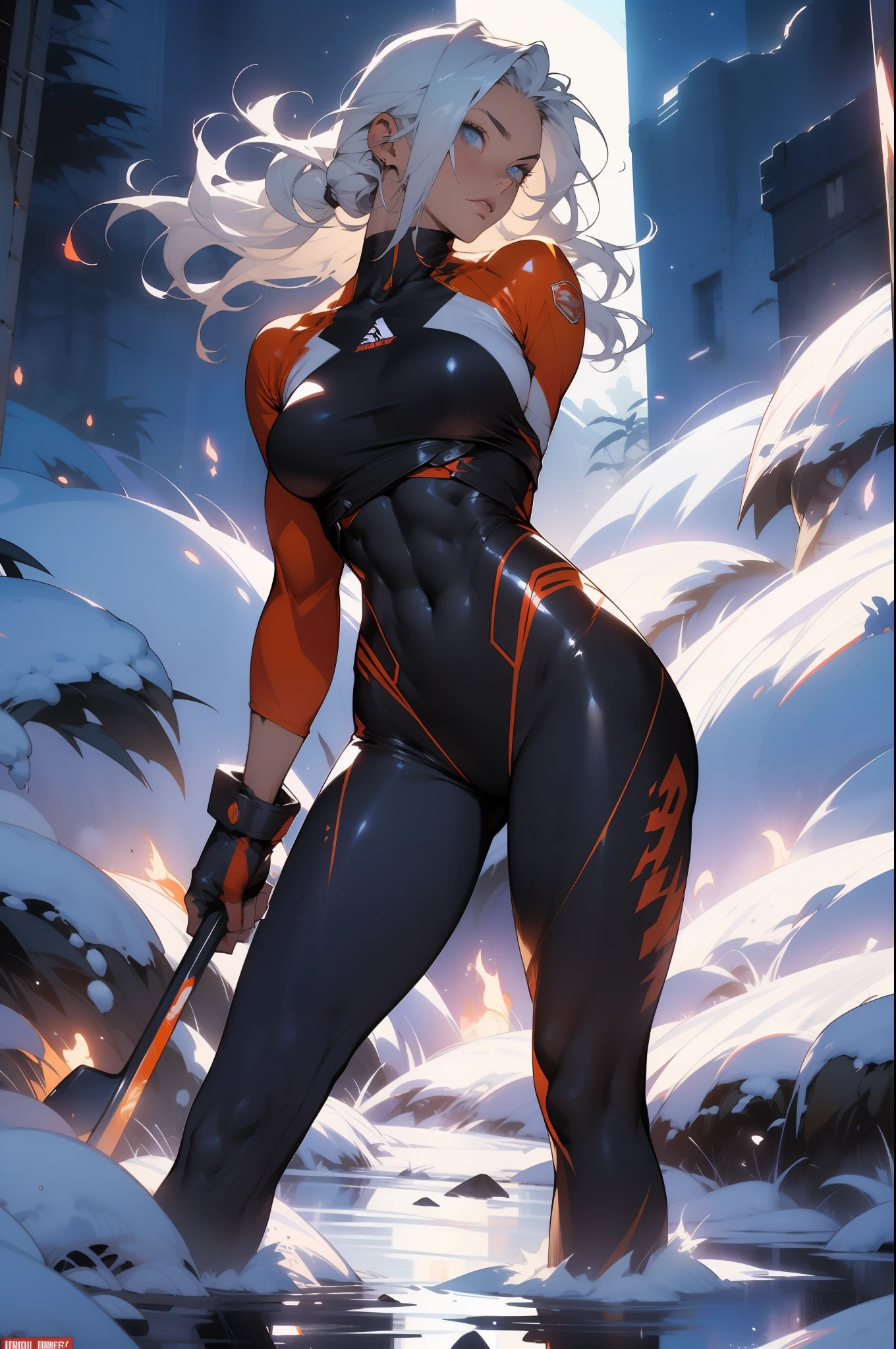 ((Simon Bisley)), Beautiful full-body woman, 30 years old, muscular and perfect body, fire warrior with little clothing, tiny thong, large breasts, generous neckline, holding a huge hammer, undefined race, light blue eyes, fantastic art armor, straight light hair, brave face, dark kingdom, sexy pose, on a moonlit and foggy night