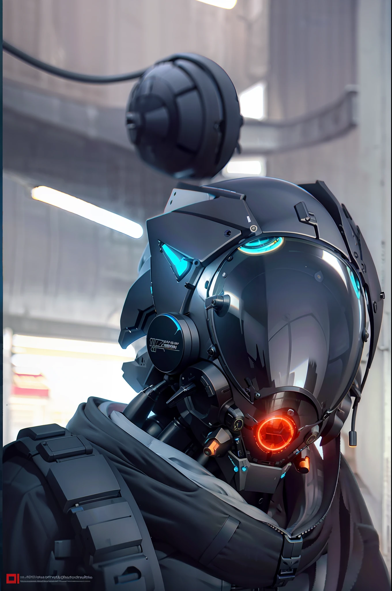 masterpiece, best quality, upper body, a close-up of a fantastic-looking cyborg in a fantastic cybernetic helmet with dreadlocks, with black techwear jacket, HDR, ray tracing, rich details of lights and shadows, on the street,