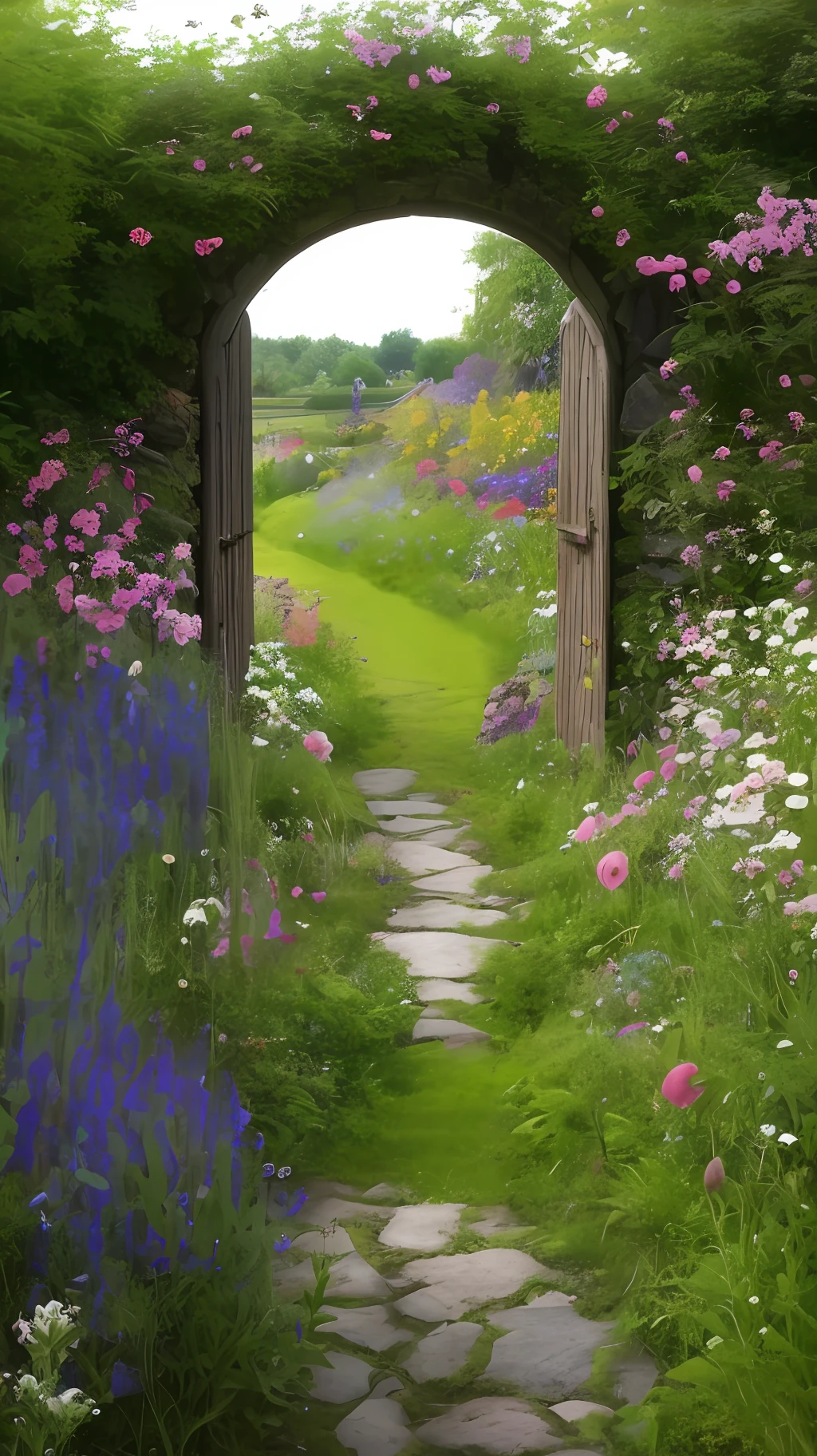 doorway to a field of wild flowers and a path through it, near a stone gate, cottagecore, cottagecore flower garden, in a cottagecore flower garden, overgrown with flowers, delightful surroundings, portal to another world, nature and floral aesthetics, walking out of a the havens gate, overgrown place