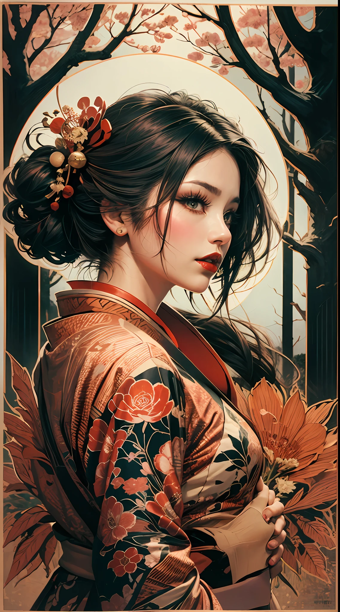 geisha walking on a road with sakura trees,looking up,hair tied,red flower in hair,black hair,red lipstick,dark makeup,hand drawn,art nouveau