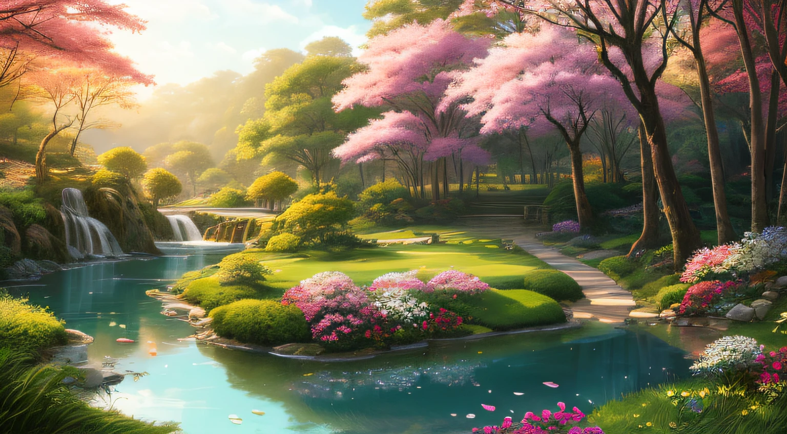 Paradise, clear painting style, bright and cheerful tones, dreamy atmosphere, light and flowing characters, fairyland-like natural scenery, dancing petals and leaves, long grass blown by the breeze, exudes harmony and tranquility, as if in boundless tranquility. --auto
