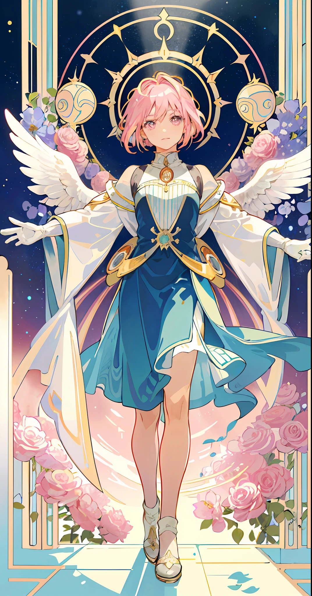 ((masterpiece,best quality)),(1girl, solo:1.4),beautiful detailed eyes, vivid, cinematic light, full_body, pink_flowers, (tarot_card), intricate, detailed background, looking_at_viewer, Madoka Kaname, hands reaching out, (flat chest), (walking), casual pose, posing, (white_gloves), (pink_eyes), white feathers, sparkles, glitter, celestial, outerspace, by alphonse mucha, (gold frame), halo, (tarot border)