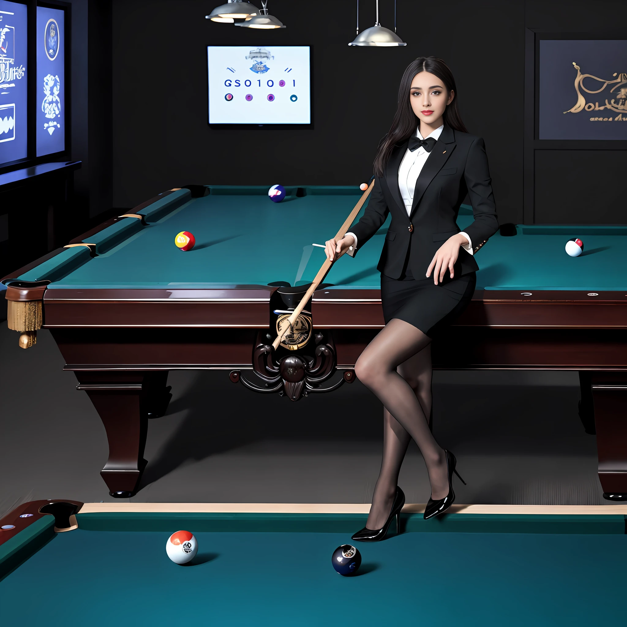 Best quality, masterpiece, super high resolution, a pair of ggx heels, 1girl, black suit, pencil skirt, black pantyhose, black footwear, beauty playing billiards, billiards, beauty holding a pool cue sitting on pool table, domineering, billiard room luxurious, beauty high cold, well-proportioned, tall