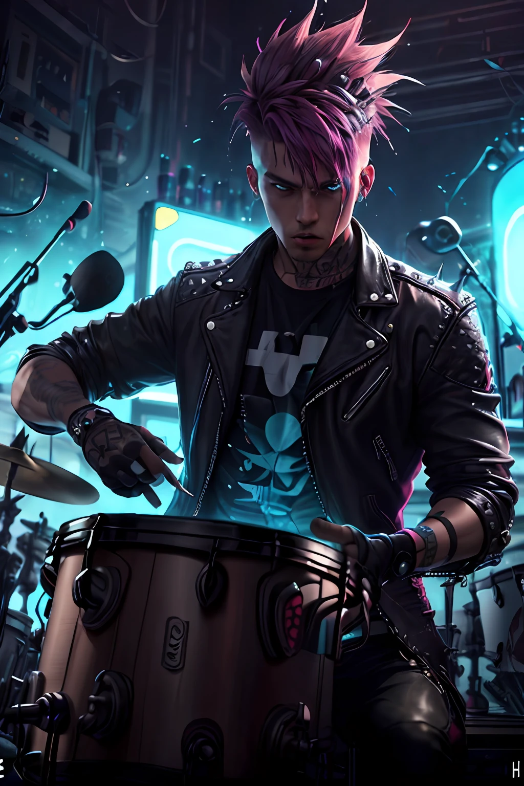 A punk with spiky hair and a leather jacket, playing drums, Level4 style, hyper realistic, HD, neon