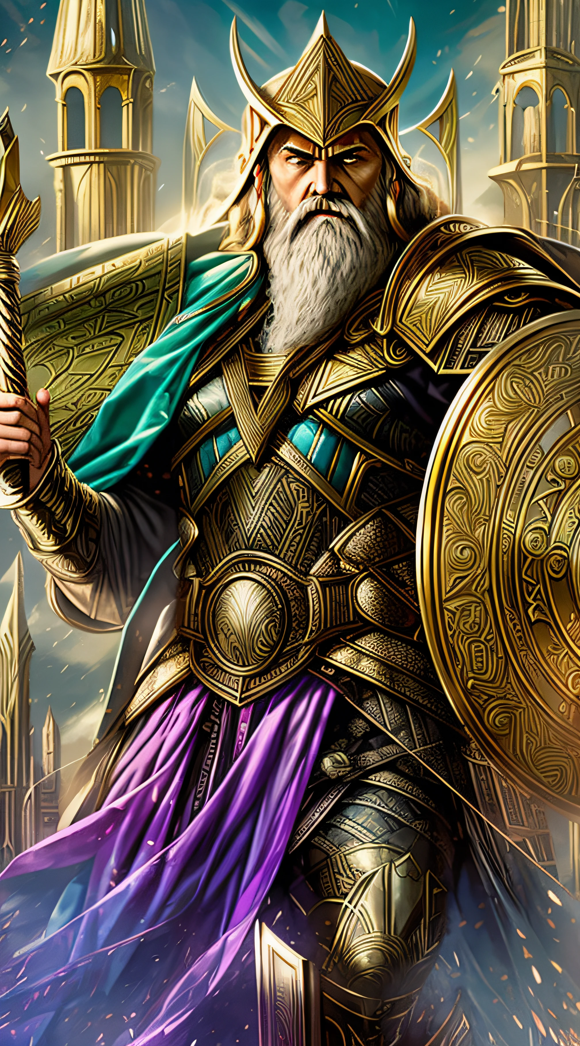 "(masterpiece, best quality), The king of Asgard Odin wearing a golden armor, wielding a sword and a shield, in his castle (city of Asgard similar to the movie Thor). Fantasy setting, battle, bright, vivid colors."