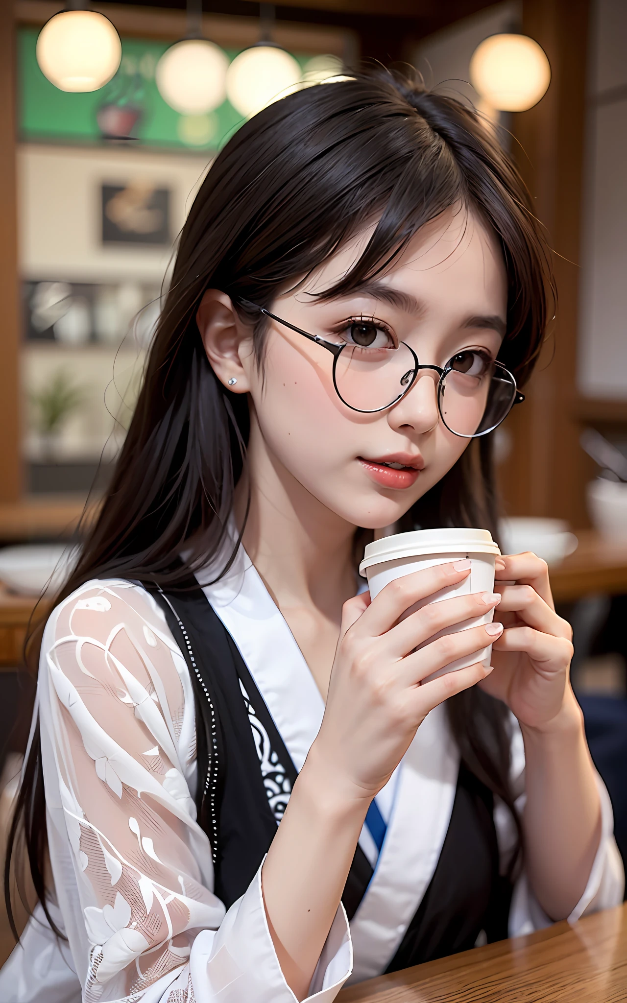 Top Quality, 8K, 4K, High Definition, Details Beautiful round glasses girl, dark haired girl, eating lunch, Japanese style costume, coffee shop,
