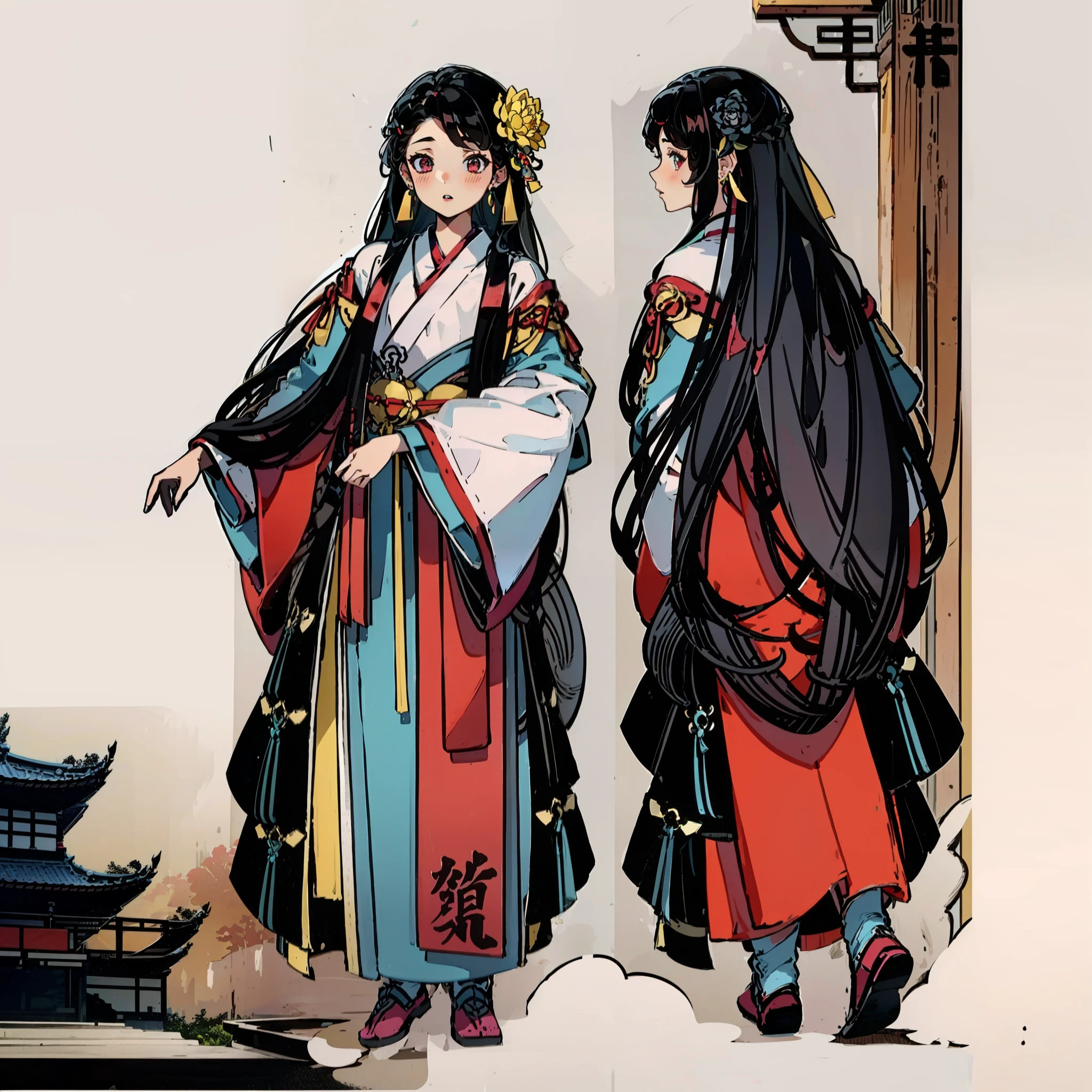 (character design sheet, same character, front, side, back), a girl, wearing hanfu, lotus leaf, best quality, master, (full body:1), highres, pretty face, hair accessories, (solo:1), looking at viewer, lips, dress, heal order, necklace, jewelry, (ridiculous long hair: 1.4), earrings, hanfu, architecture, East Asian architecture, hanfu, (authenticity:1.5), super high resolution, best quality, shameful blush, hair strands, behind arms, (expressive hair: 1.4) ,perfect body proportions,