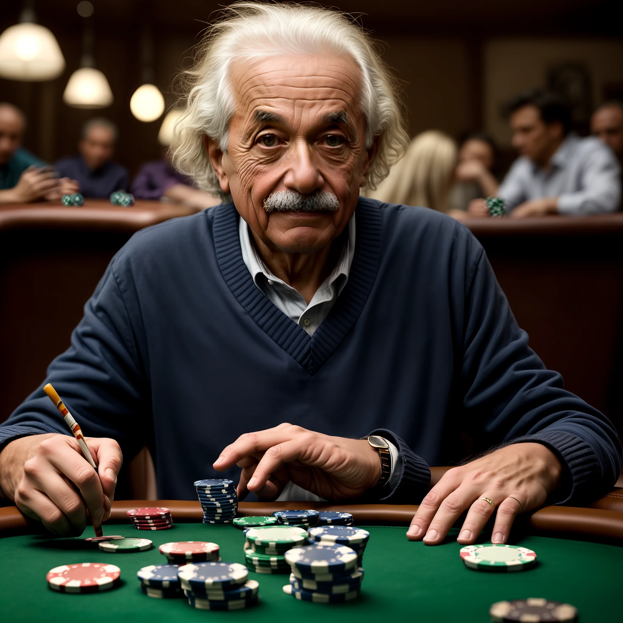 Albert Einstein playing poker, colourful::2.5 realistic::1.8 photorealistic::2 dusk::1 telephoto lens::1 defocus::-0.5 --v 4 --seed 0875486
