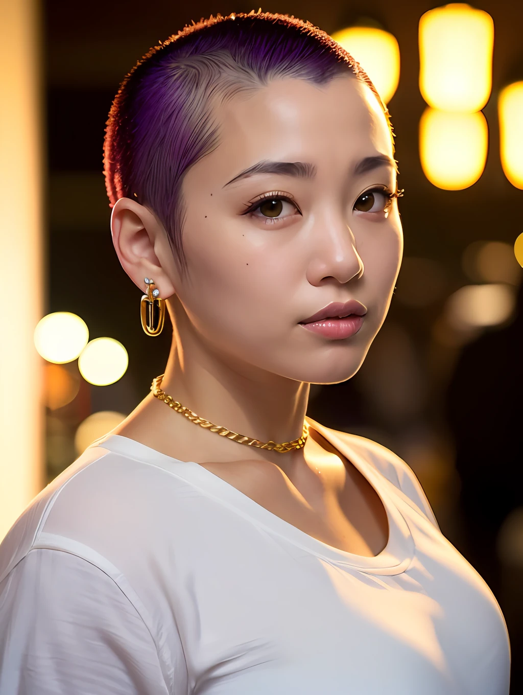 ((hairstyle is shaved head, skinhead)), (Japan female), age 45, 8K, photorealism, photorealism, portrait, professional lighting, 85mm lens, depth of field, skin luster is delicate, eye color is brown, eyes are raised, eyes are slightly apart, lips are plump, chubby, (Yuko Oshima), purple camisole, hotel, night view, upper body, oversized earrings, golden septum, chain to large collar