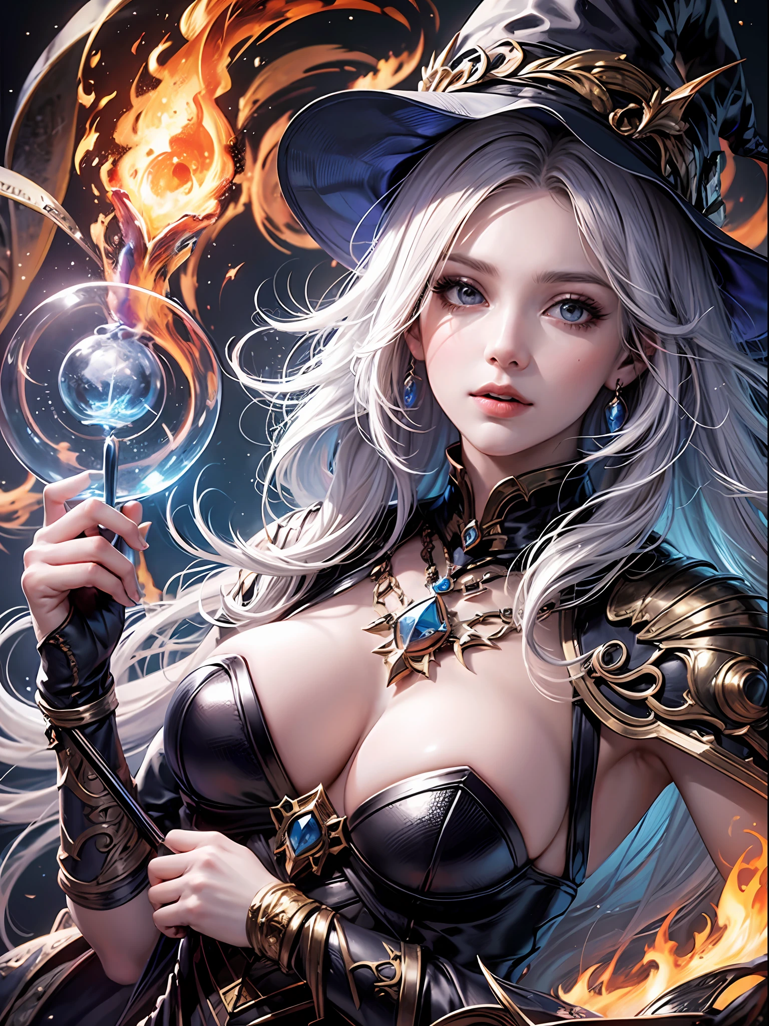 Masterpiece, detailed details, 1 girl, dynamic angle, holding bright wand in witch costume, female mage summoning spell, dark fantasy female mage, witch portrait, beautiful witch, female mage, female fire mage, fire mage character