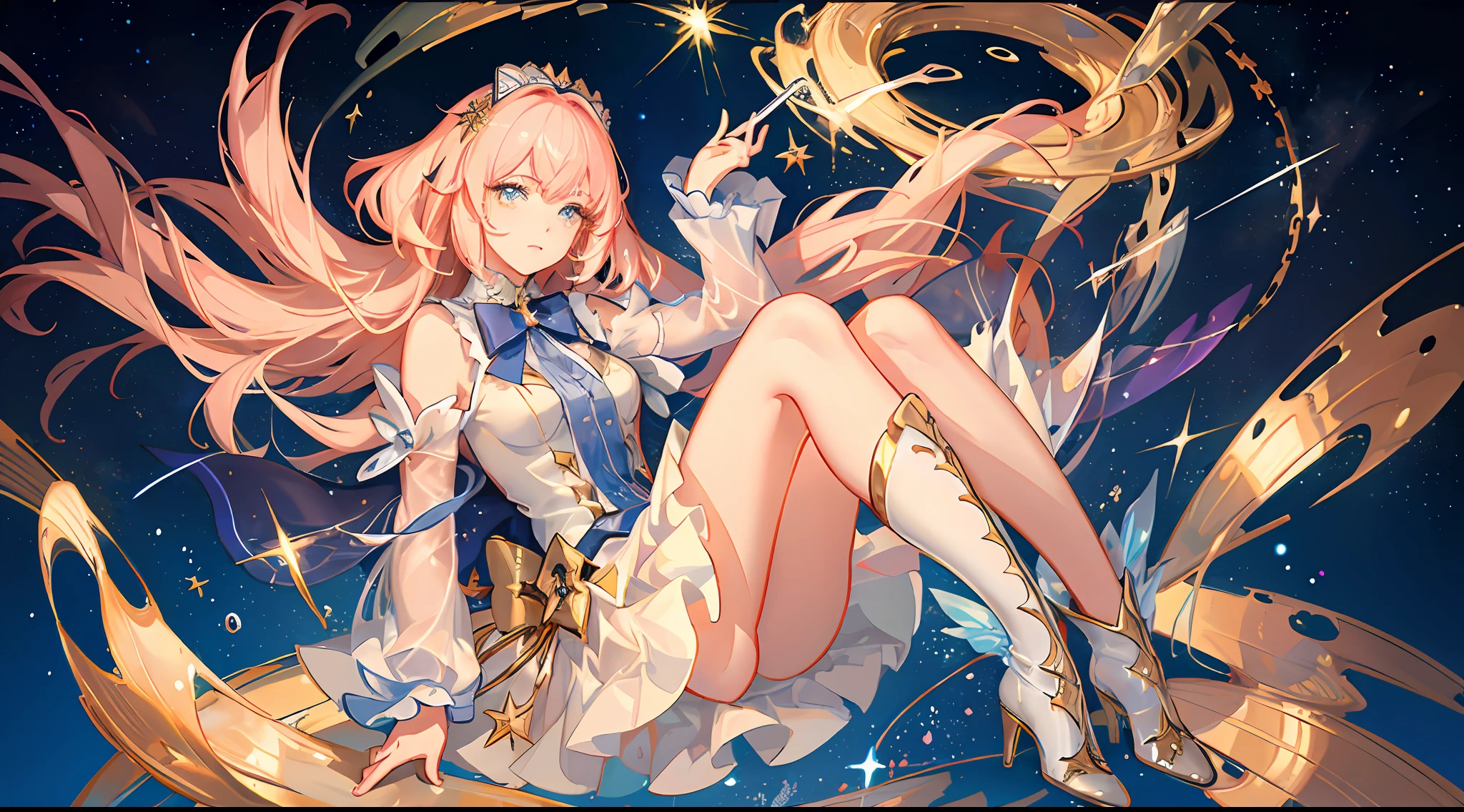 ((magical girl)), ((gorgeous starry sky background)), ((ultra-detailed)), ((best illustration)), ((cinematic lighting)), dynamic angle, floating, finely detailed, (glitter:1.2), (sparkle:1.2), (shine:1.2), classic, (painting:1.1), (sketch:1.1), (best quality), (masterpiece:1.2), (anime style), (solo), beautiful detailed face, (cute face:1.3), (big eyes:1.3), colorful hair, (long hair:1.2), (floating hair:1.2), (magical girl outfit), detailed outfit, (sparkling wand:1.3), (magical effects:1.3), (flowing skirt:1.2), (cute boots:1.1), (transparent fabric:1.1), (twinkle:1.2), (glow:1.2), (radiance:1.2), (flicker:1.2), (dazzle:1.2)