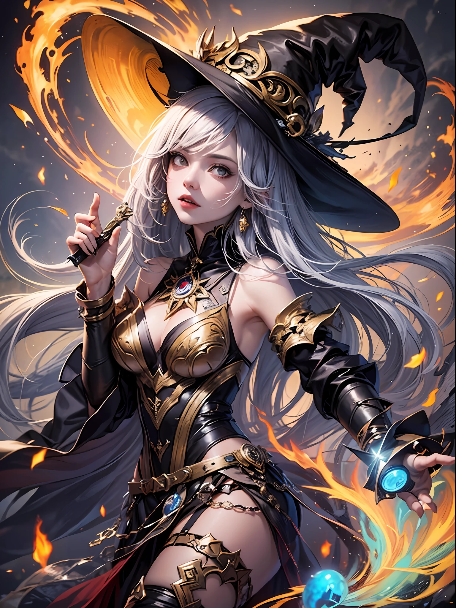 Masterpiece, detailed details, 1 girl, dynamic angle, holding bright wand in witch costume, female mage summoning spell, dark fantasy female mage, witch portrait, beautiful witch, female mage, female fire mage, fire mage character