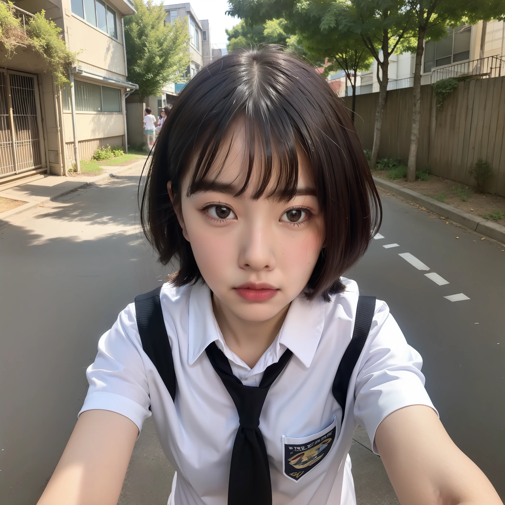 POV, cute schoolgirl, summer clothes cutter shirt, short cut, black hair, face close-up youth, puberty, pale light, schoolyard