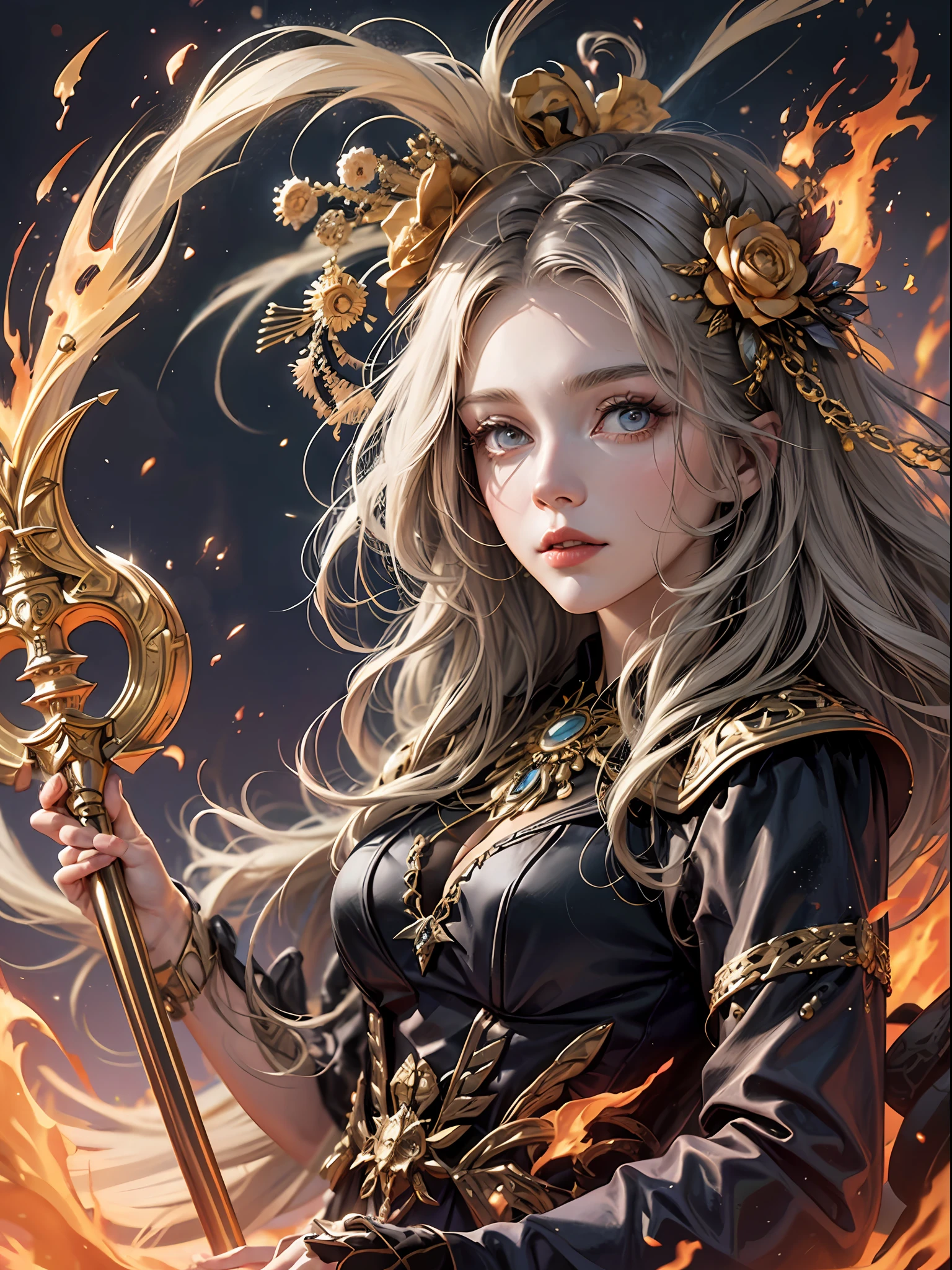 Dressed in a witch costume holding a bright wand, female mage conjuring a spell, dark fantasy female mage, female sorceress portrait, beautiful female sorceress, female mage, female fire mage, fire mage character