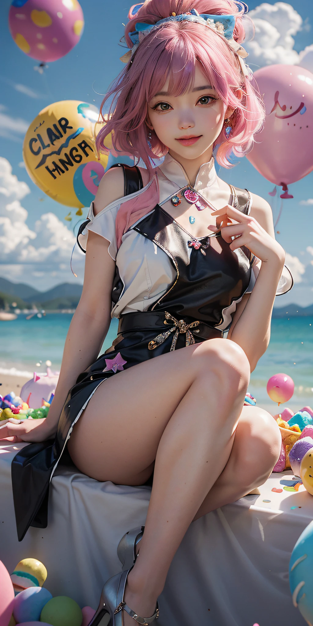 A girl sits on a huge ice cream decorated with bright colors, pleasant frostings and rainbow sprinkles. With slender legs, she holds an oversized waffle cone, pink hair, star print, and shimmering candy. Floating around her were small balloons, each strapped with a small candy. The scene is full of sweetness and joy, showing the girl's happiness and the charming fusion of her imagination with the fantasy world, blue sky,