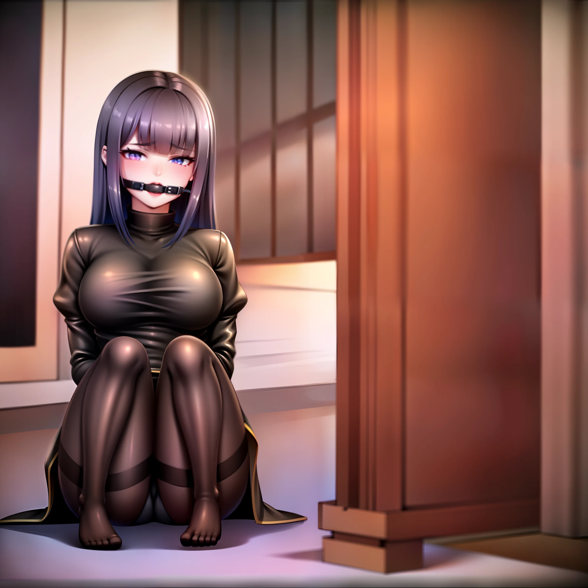 High quality, girl, gag, hose, restraint, sitting position