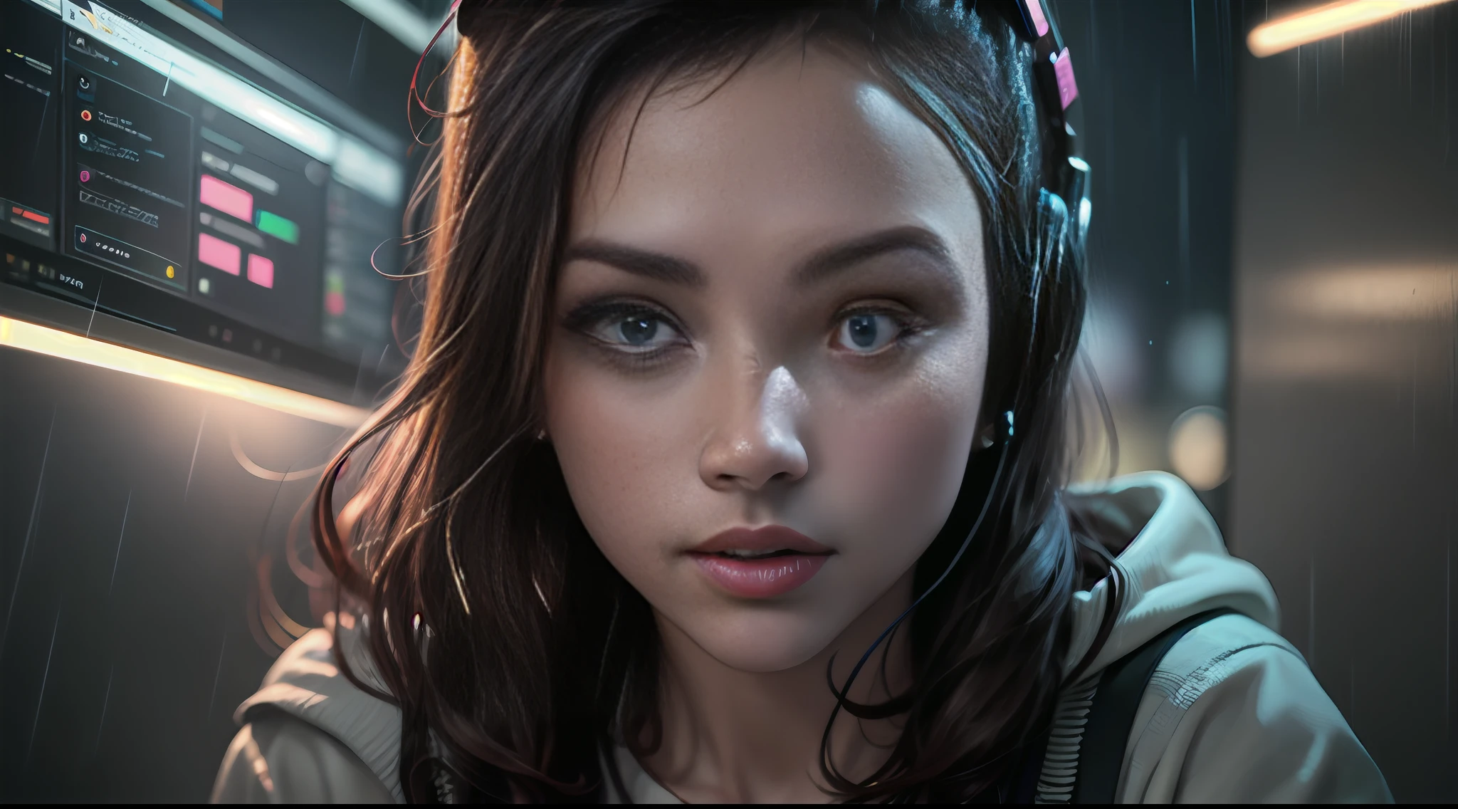 best quality, 8k, photography, beautiful eyes, detailed eyes, giant 3d printer, 1girl, cyborg, full body, perfect body, rear viewer, big ass, (Best quality, 4k, Masterpiece :1.3), ((rainy night: 1.5)), Girl 20 years brunette , cyberpunk lo-fi, in the bedroom, listening to music on pc, coffee cup on the table, headphones, open window on rainy night, white top glued, short shorts, wearing socks, ultra detailed
