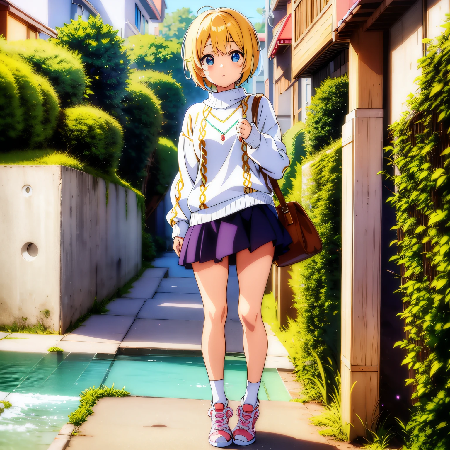 MG tian, solo, 1girl, food, fruit, sitting, thighhighs, hood up, shoes, looking at viewer, jacket, strawberry, white thighhighs, smile, shorts, long sleeves, orange hair, full body,