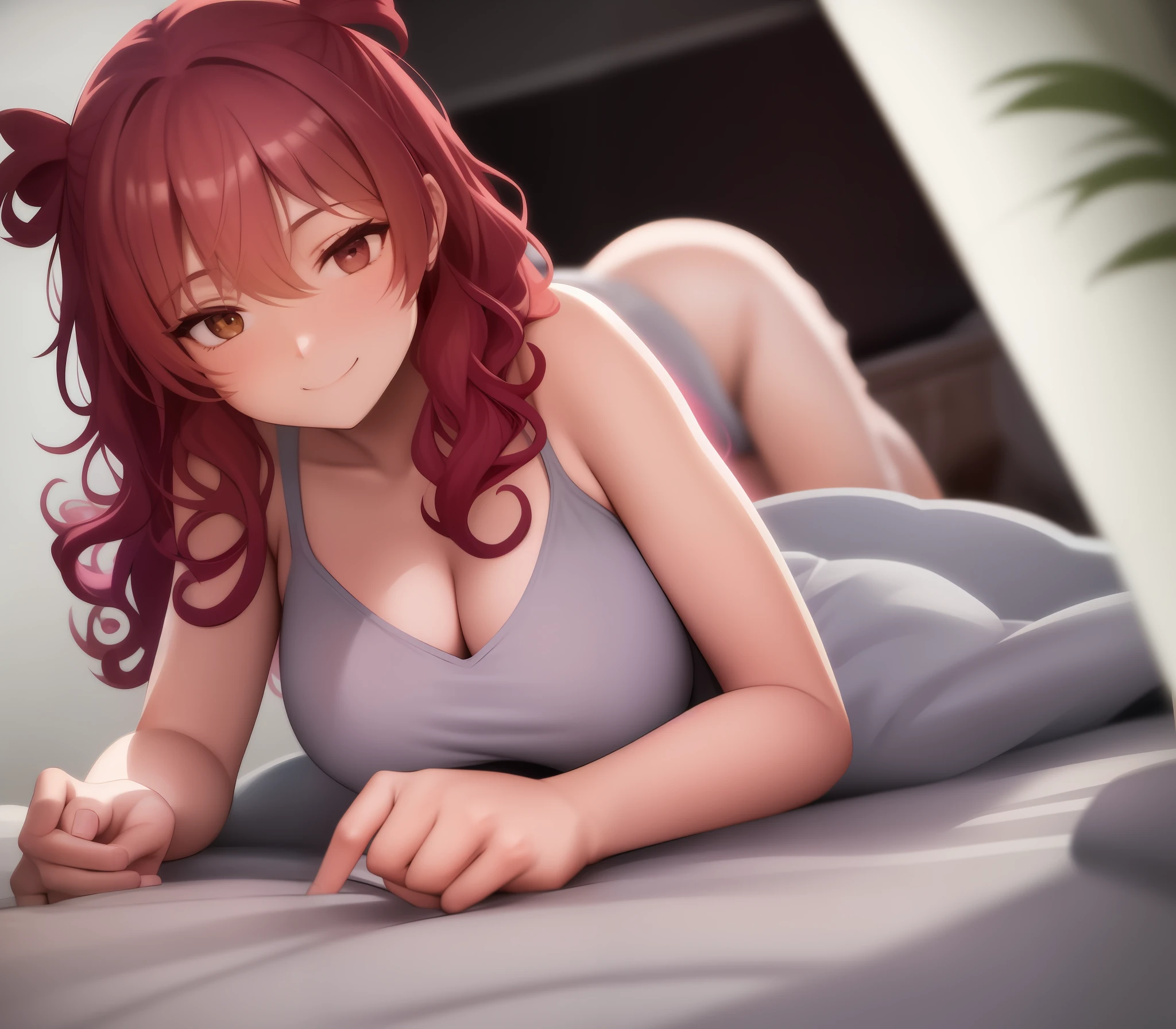 Here's a prompt to generatA cozy bedroom scene unfolds as a man lies on the bed, while his girlfriend sits atop him, resting against his belly. She has beautiful curly hair that cascades over her shoulders. With a smile on his face, she holds a cellphone up, capturing a tender and intimate moment between the two."