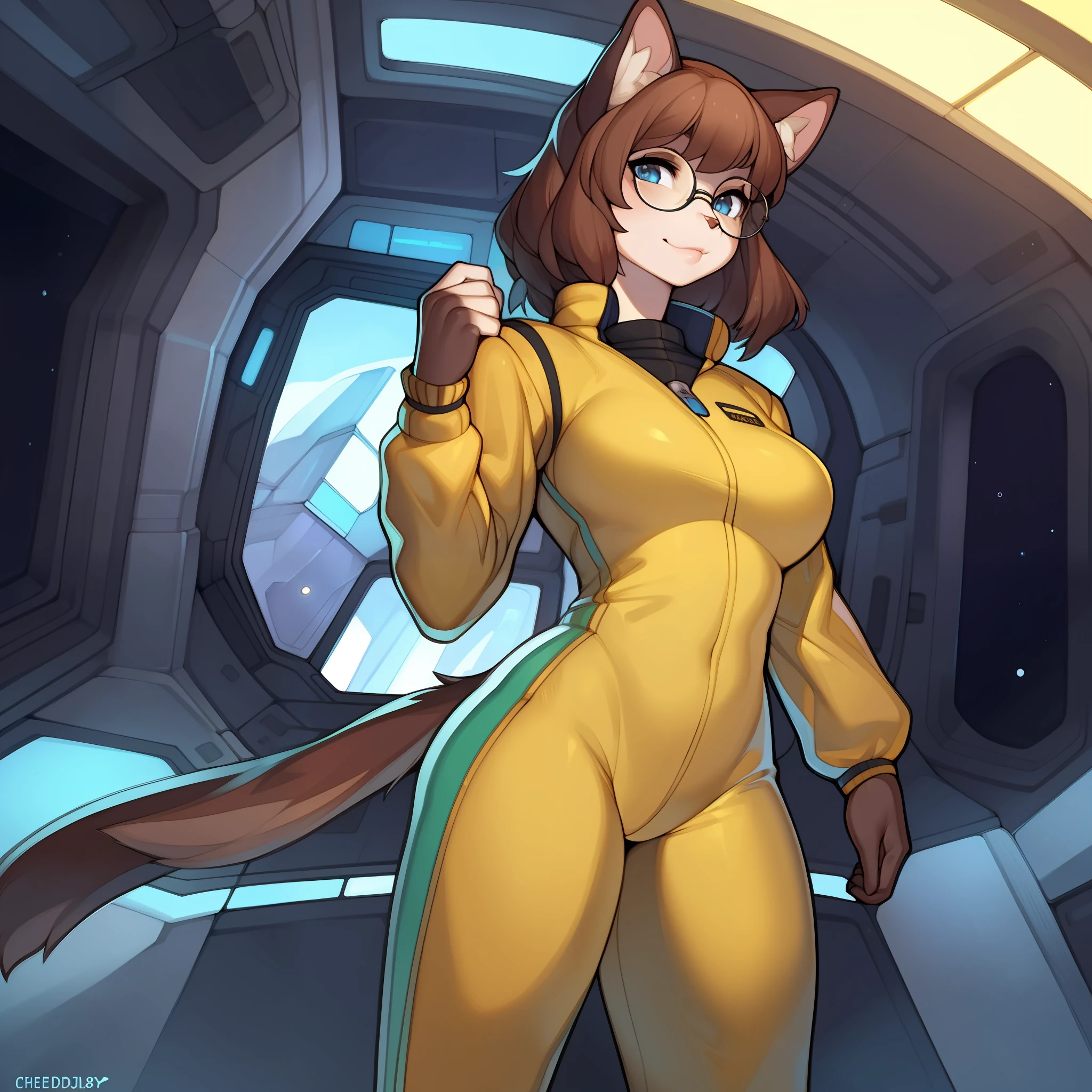 By chelodoy, by spikedmauler, by cervina7, by spuydjeks, by buta99, solo, female, standing, lips, one blue eyes and one brown eye, walnut hair, medium hair, wavy hair, glasses, feline, brown fur, detailed eyes, detailed hands, yellow spacesuit, window, spaceship, spaceport
